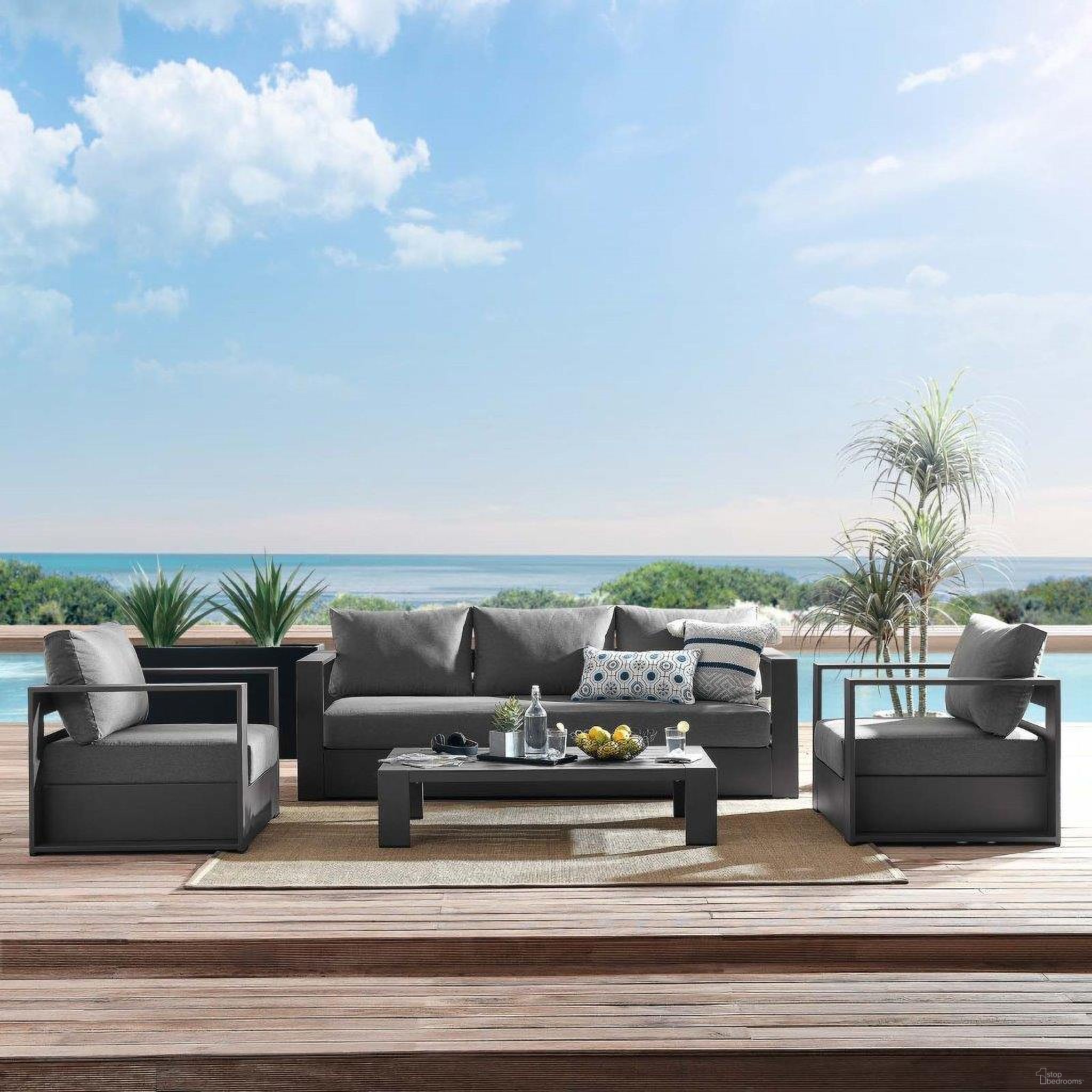 The appearance of Tahoe Outdoor Patio Powder-Coated Aluminum 4-Piece Set In Gray Charcoal designed by Modway in the modern / contemporary interior design. This gray charcoal piece of furniture was selected by 1StopBedrooms from Tahoe Collection to add a touch of cosiness and style into your home. Sku: EEI-5675-GRY-CHA;EEI-5675-GRY-CHA;EEI-5676-GRY-CHA;EEI-5677-GRY. Material: Aluminium.