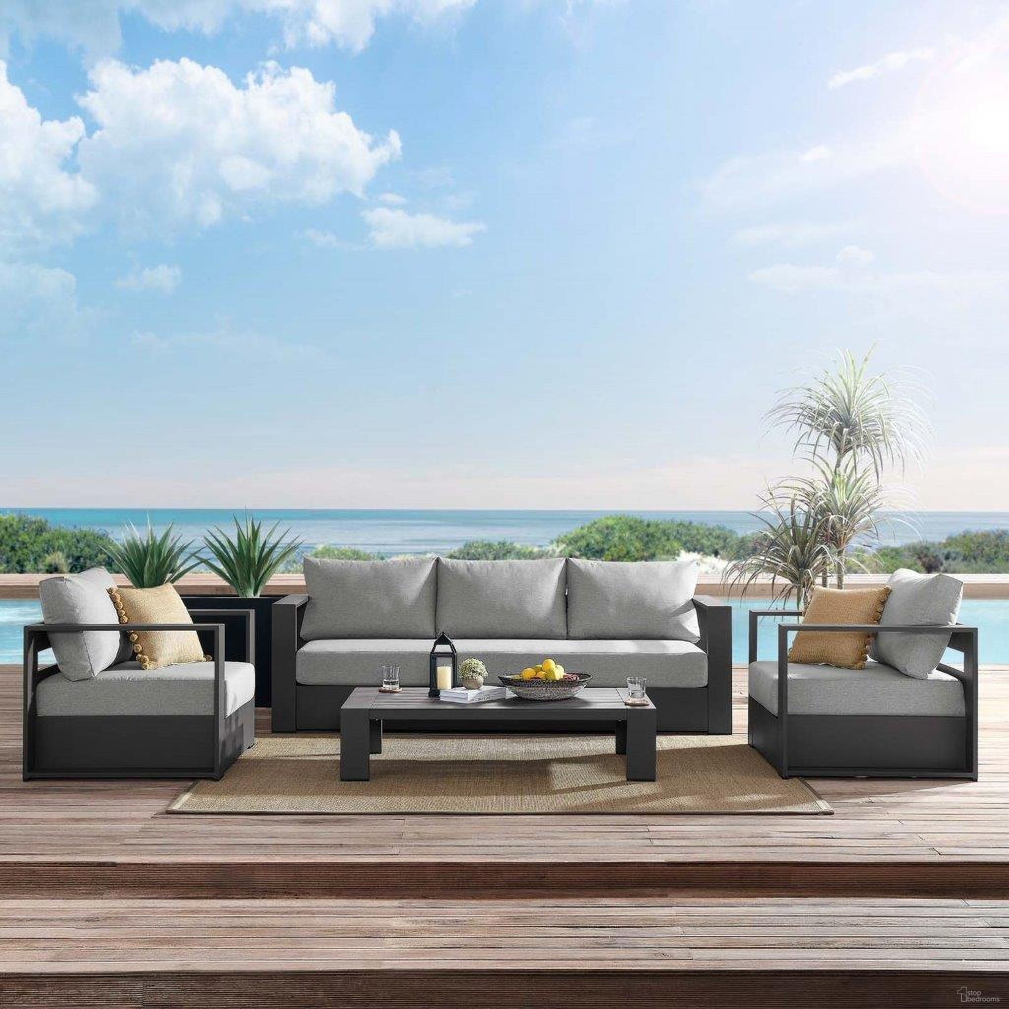 The appearance of Tahoe Outdoor Patio Powder-Coated Aluminum 4-Piece Set In Gray designed by Modway in the modern / contemporary interior design. This gray piece of furniture was selected by 1StopBedrooms from Tahoe Collection to add a touch of cosiness and style into your home. Sku: EEI-5675-GRY-GRY;EEI-5675-GRY-GRY;EEI-5676-GRY-GRY;EEI-5677-GRY. Material: Aluminium.
