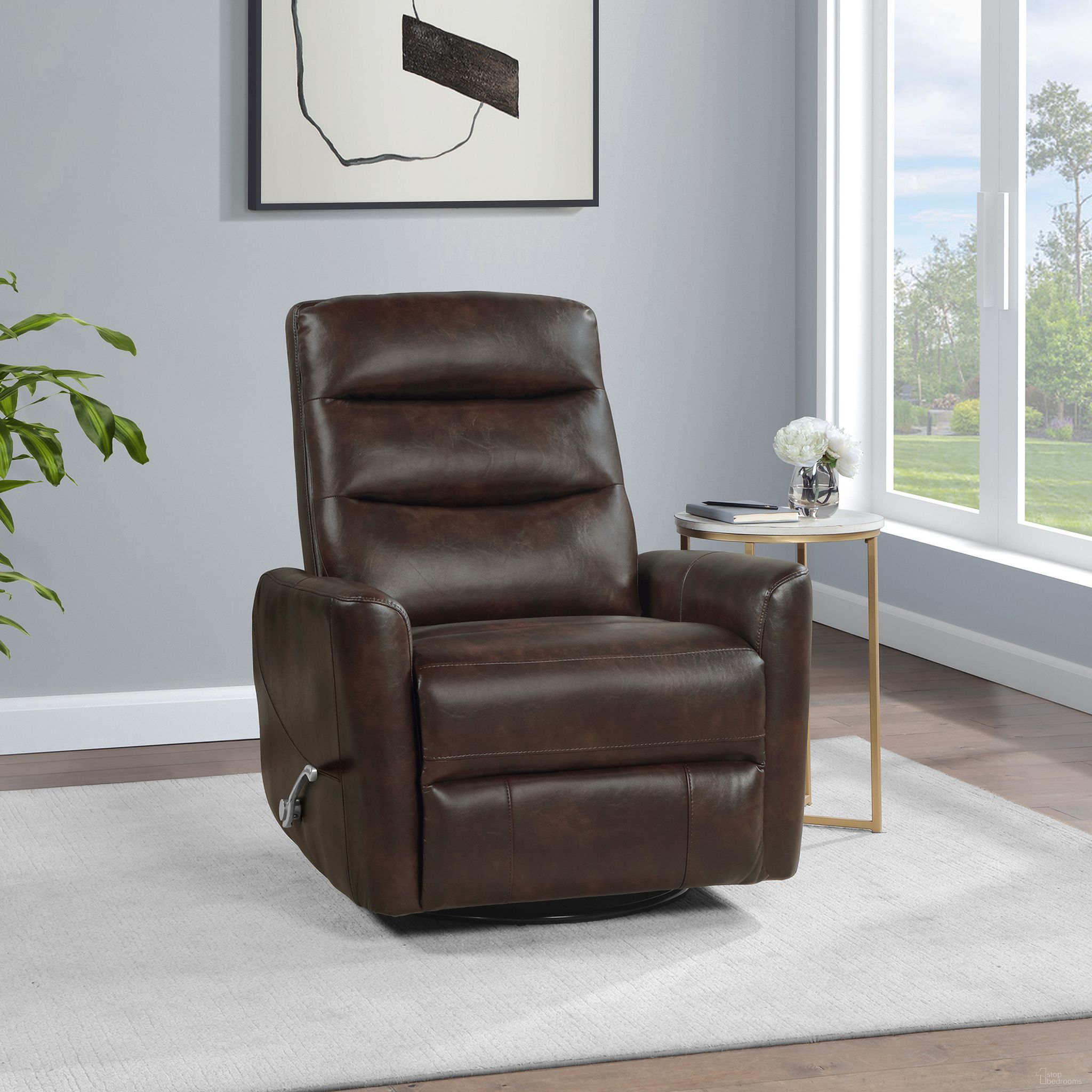 The appearance of Takami Swivel Recliner In Brown designed by New Classic in the transitional interior design. This brown piece of furniture was selected by 1StopBedrooms from Takami Collection to add a touch of cosiness and style into your home. Sku: U2518-14-BRN. Material: Plywood.