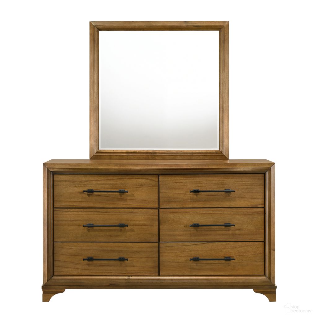 The appearance of Talcott 2 Piece 6 Drawer Dresser and Mirror In Honey Brown designed by New Classic in the transitional interior design. This honey brown piece of furniture was selected by 1StopBedrooms from Talcott Collection to add a touch of cosiness and style into your home. Sku: B1424-050;B1424-060. Material: Wood.