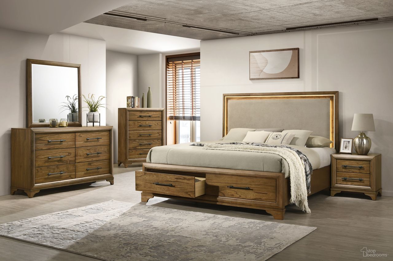 The appearance of Talcott Platform Storage Bedroom Set In Honey Brown designed by New Classic in the transitional interior design. This honey brown piece of furniture was selected by 1StopBedrooms from Talcott Collection to add a touch of cosiness and style into your home. Sku: B1424-310;B1424-328;B1424-328D;B1424-330;B1424-040. Material: Wood. Bed Size: Queen.