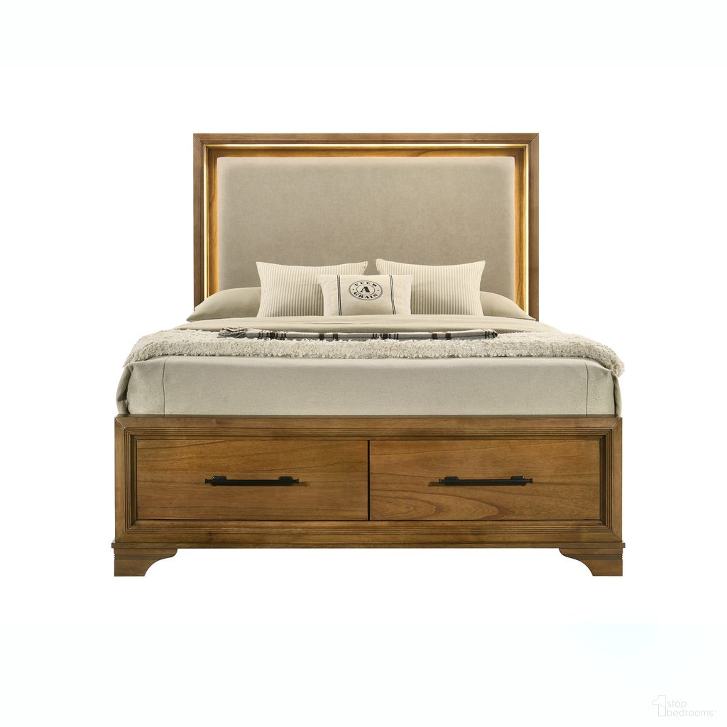 The appearance of Talcott Queen Platform Storage Bed with Lighted Headboard In Honey Brown designed by New Classic in the transitional interior design. This honey brown piece of furniture was selected by 1StopBedrooms from Talcott Collection to add a touch of cosiness and style into your home. Sku: B1424-310;B1424-328;B1424-328D;B1424-330. Bed Type: Storage Bed. Material: Wood. Bed Size: Queen.