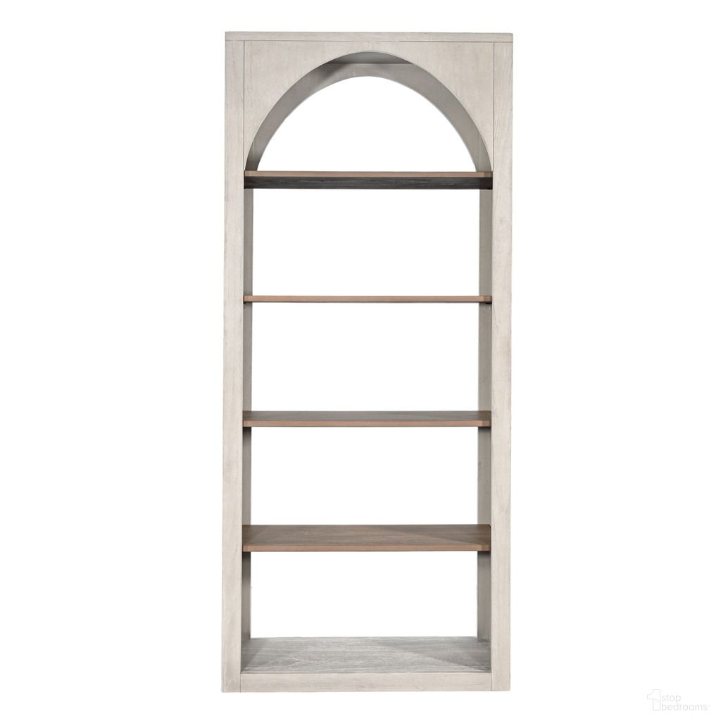 Tall Arched Wood Bookshelf with Open Shelving In Light Grey and Wheat