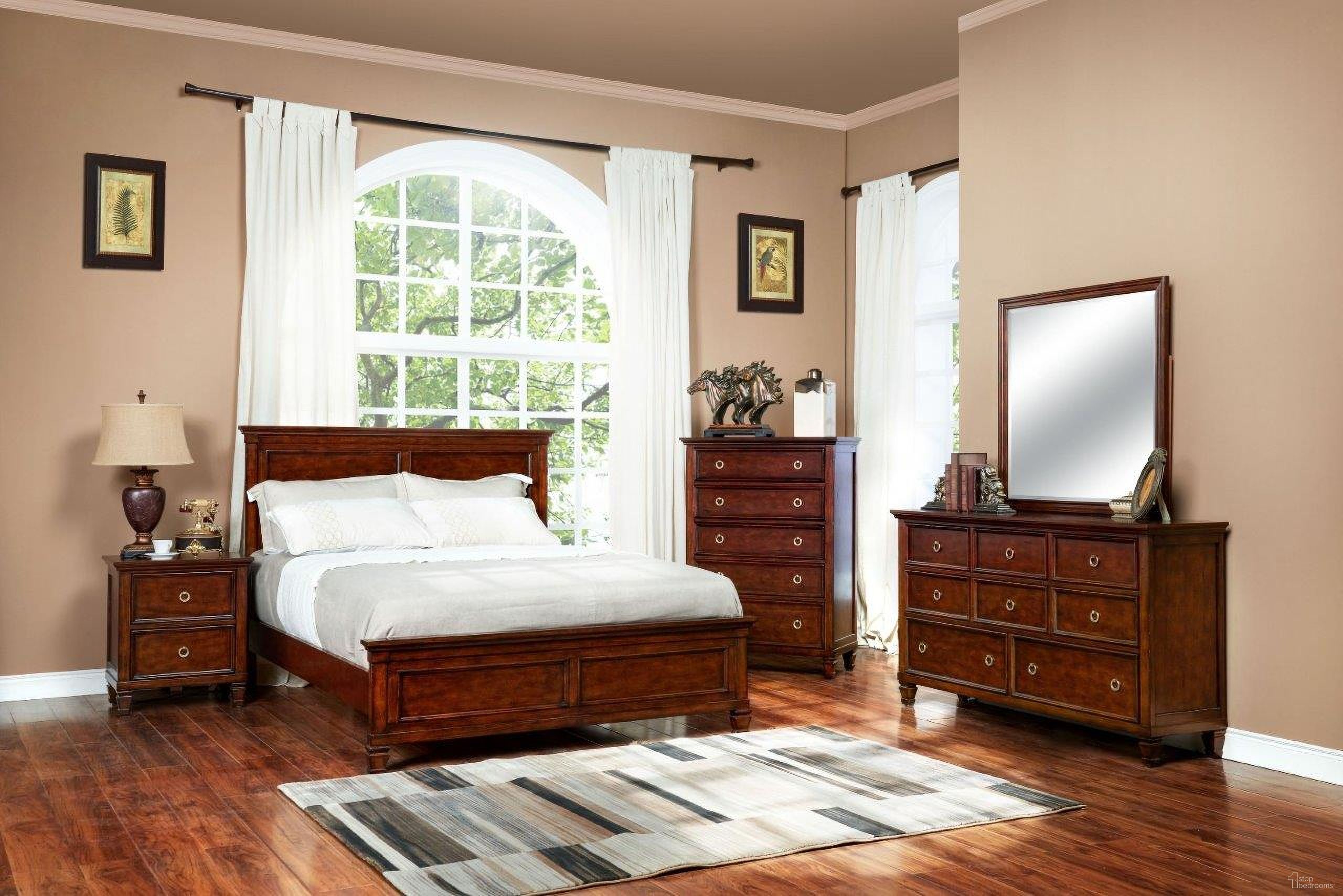 The appearance of Tamarack Brown Cherry Panel Bedroom Set designed by New Classic in the transitional interior design. This brown piece of furniture was selected by 1StopBedrooms from Tamarack Collection to add a touch of cosiness and style into your home. Sku: BB044C-315-335;BB044C-040. Bed Type: Panel Bed. Material: Wood. Bed Size: Queen.
