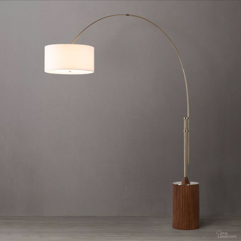 The appearance of Tambo White Linen Shade Arc Floor Lamp In Dark Walnut and Weathered Brass designed by Nova Of California in the transitional interior design. This walnut/weathered brass piece of furniture was selected by 1StopBedrooms from Tambo Collection to add a touch of cosiness and style into your home. Sku: 2110832DW. Material: Wood.