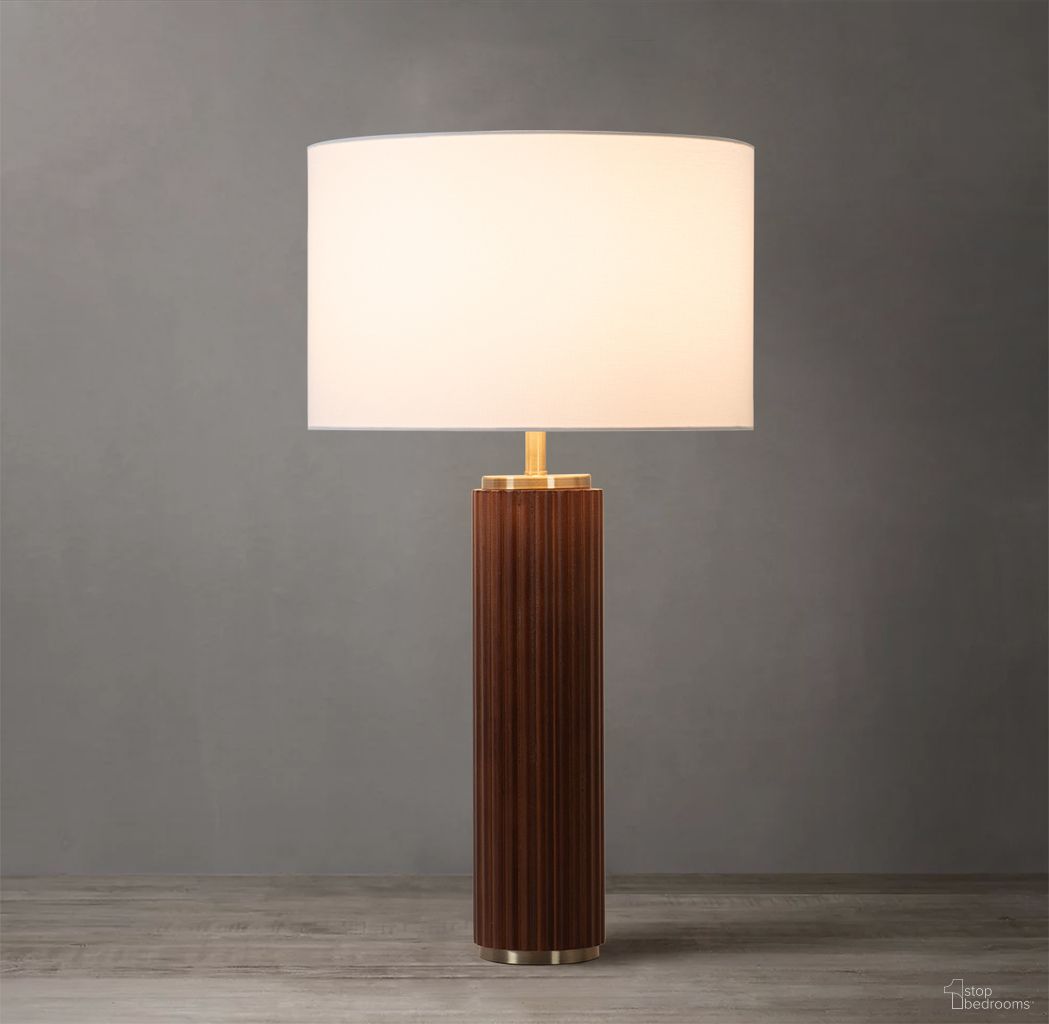 The appearance of Tambo White Linen Shade Table Lamp In Dark Walnut and Weathered Brass designed by Nova Of California in the transitional interior design. This walnut/weathered brass piece of furniture was selected by 1StopBedrooms from Tambo Collection to add a touch of cosiness and style into your home. Sku: 1010832DW. Material: Wood.