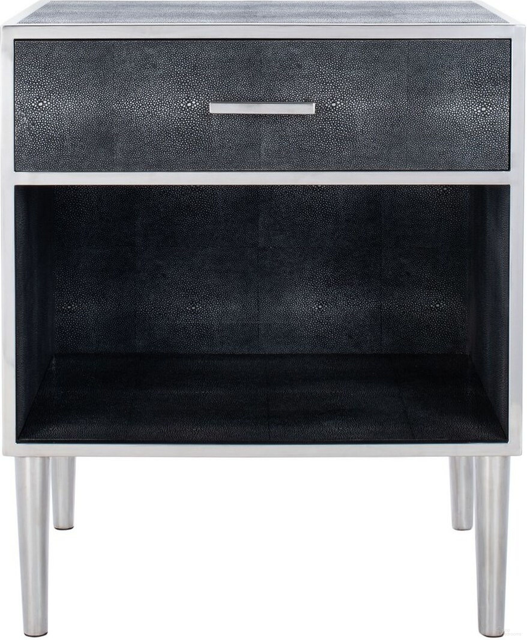 The appearance of Tammy Faux Shagreen Nightstand In Black And Silver designed by Safavieh Couture in the modern / contemporary interior design. This silver piece of furniture was selected by 1StopBedrooms from Tammy Collection to add a touch of cosiness and style into your home. Sku: SFV1532A. Material: Wood.