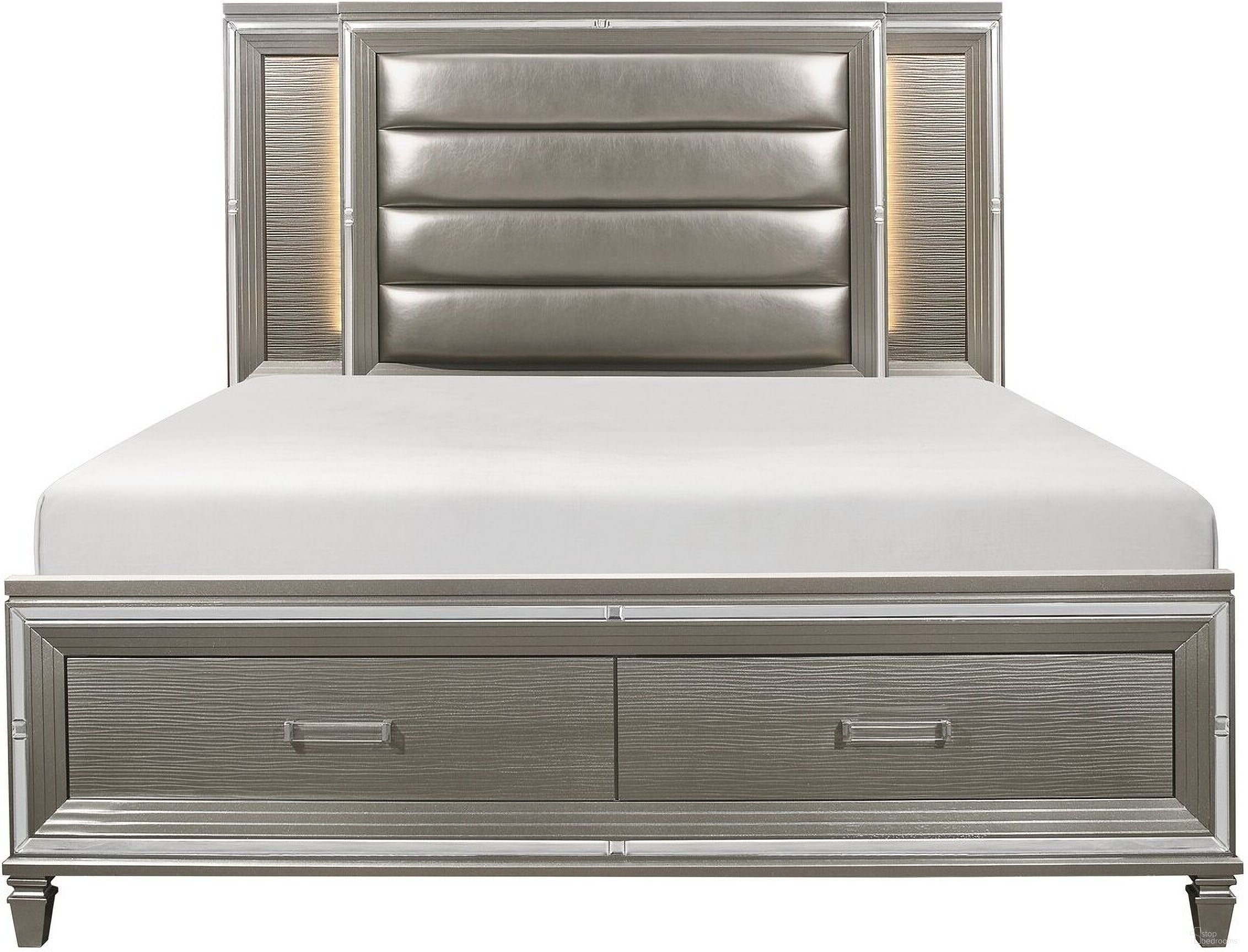 The appearance of Tamsin Queen Platform Bed with Footboard Storage and LED Lighting In Gold and Silver designed by Homelegance in the modern / contemporary interior design. This gold and silver piece of furniture was selected by 1StopBedrooms from Tamsin Collection to add a touch of cosiness and style into your home. Sku: 1616-1;1616-2;1616-3. Bed Type: Platform Bed. Material: Faux Leather. Bed Size: Queen.