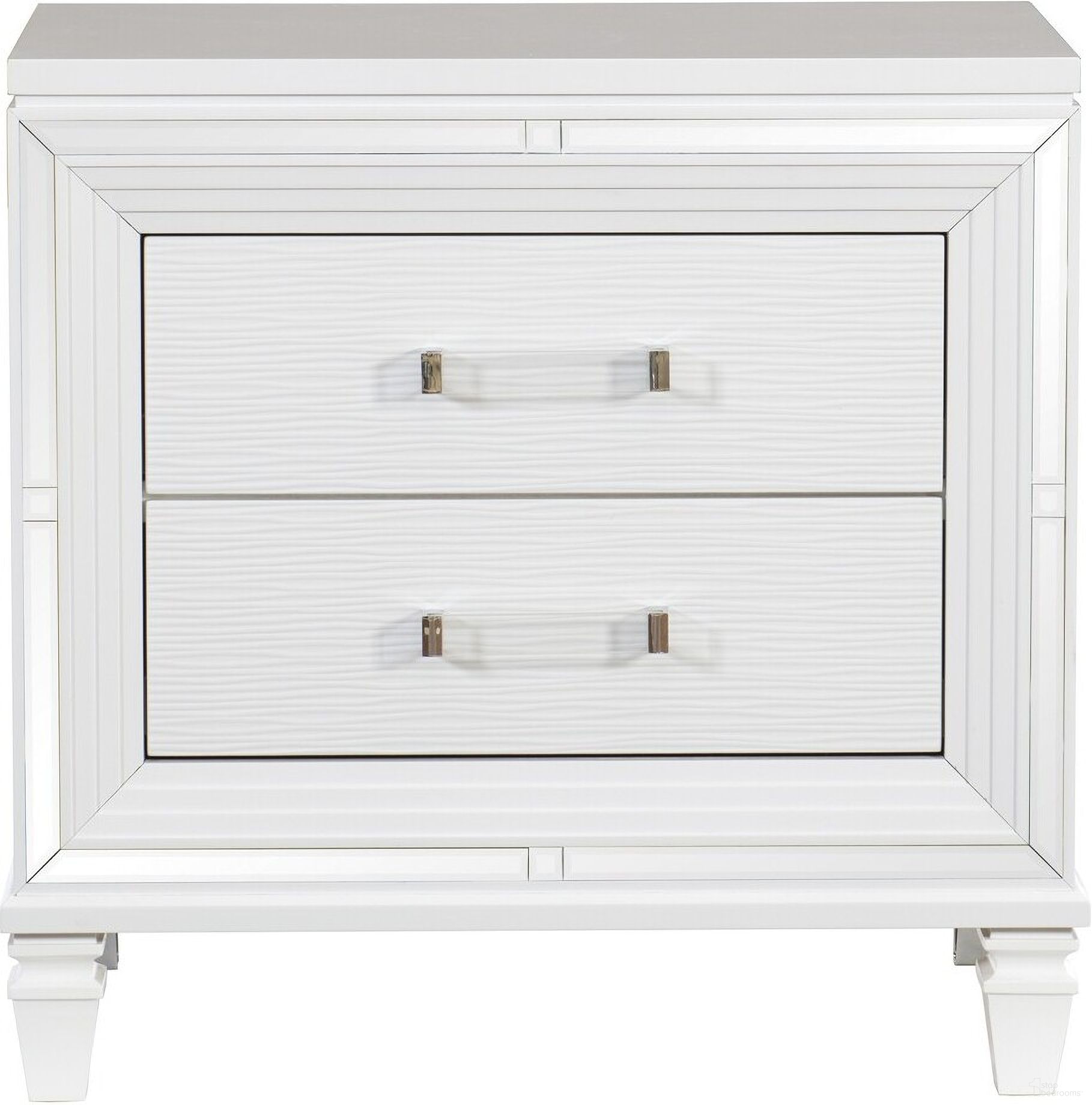 The appearance of Tamsin White Metallic Nightstand designed by Homelegance in the transitional interior design. This white piece of furniture  was selected by 1StopBedrooms from Tamsin Collection to add a touch of cosiness and style into your home. Sku: 1616W-4. Material: Wood.