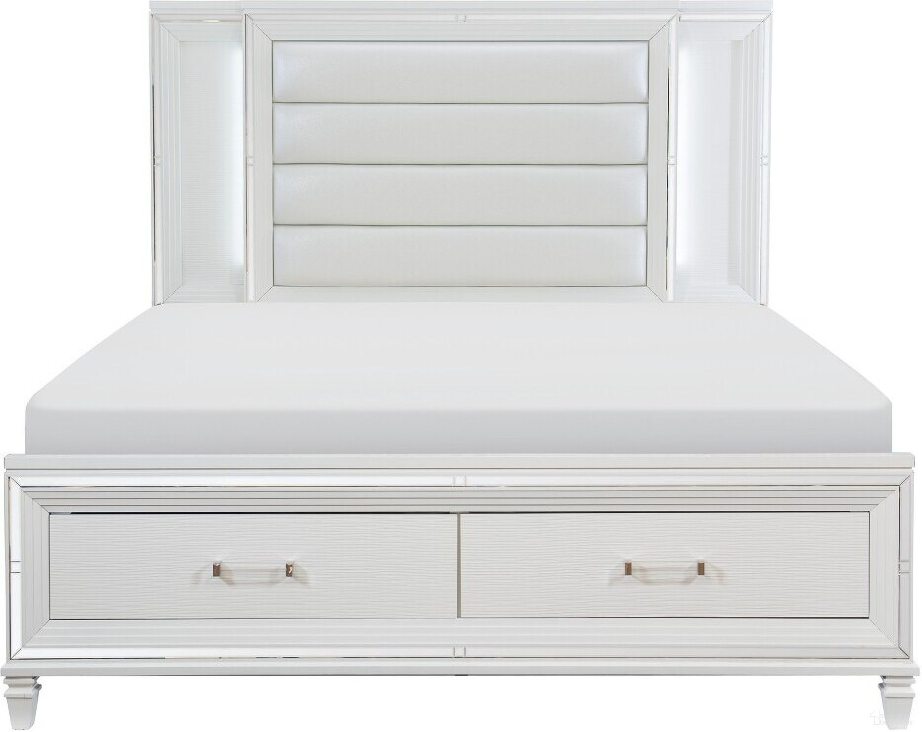 The appearance of Tamsin White Metallic Queen Storage Platform Bed designed by Homelegance in the transitional interior design. This white piece of furniture  was selected by 1StopBedrooms from Tamsin Collection to add a touch of cosiness and style into your home. Sku: 1616W-1;1616W-2;1616W-3. Bed Type: Platform Bed. Material: Faux Leather. Bed Size: Queen.