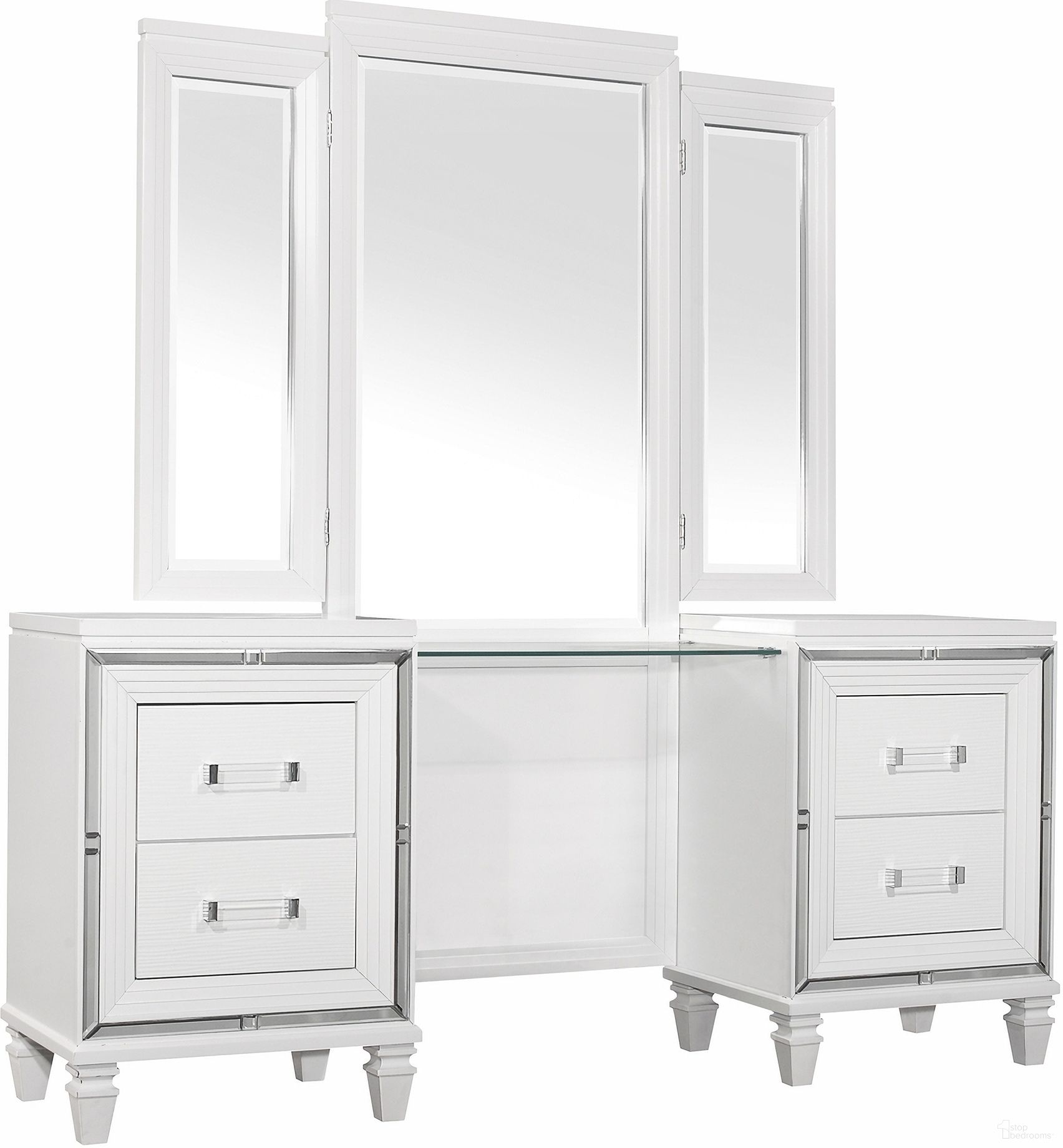 The appearance of Tamsin Vanity Dresser with Mirror In White designed by Homelegance in the modern / contemporary interior design. This white piece of furniture  was selected by 1StopBedrooms from Tamsin Collection to add a touch of cosiness and style into your home. Sku: 1616W-15R;1616W-15L;1616W-15M. Material: Wood.