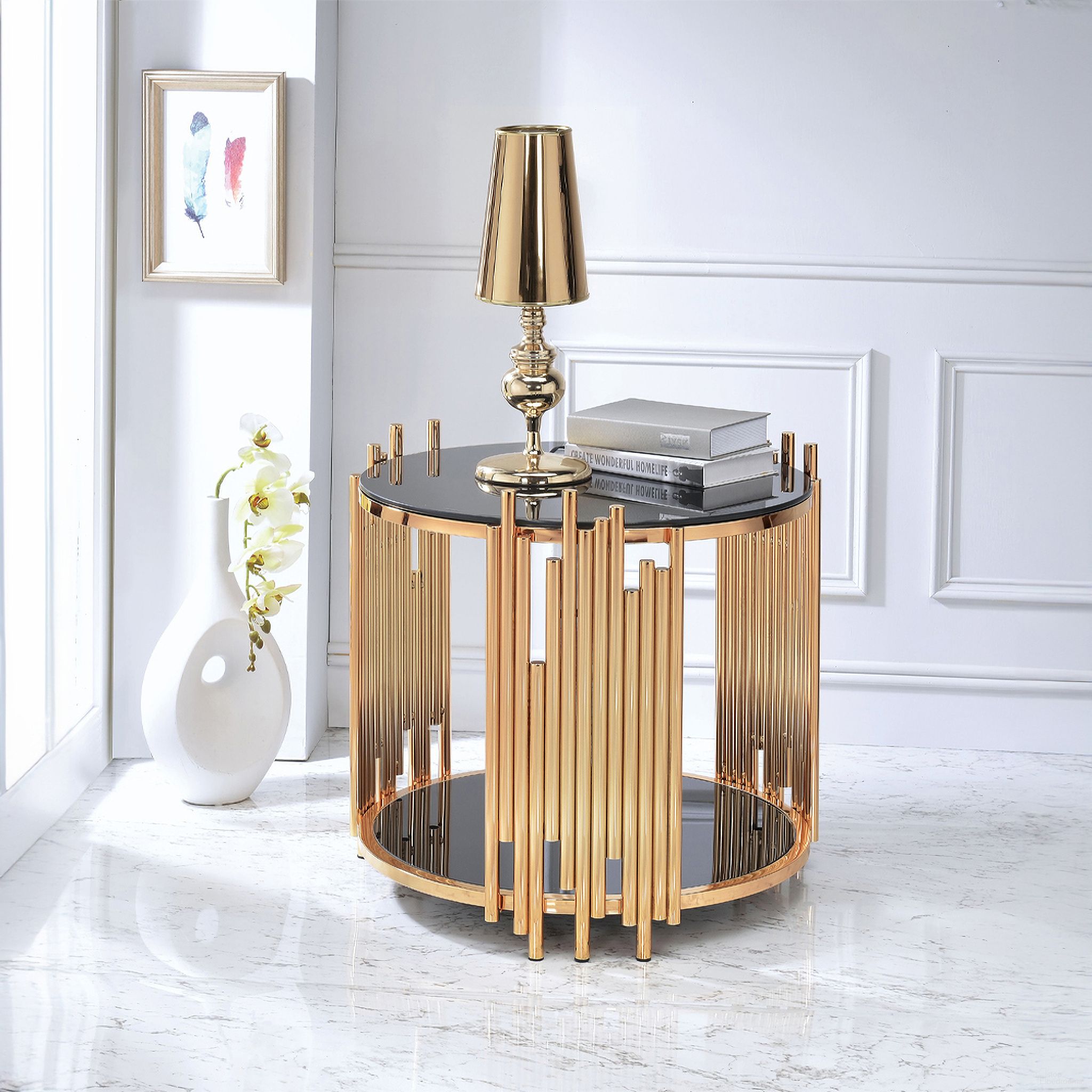 The appearance of Tanquin Gold and Black Glass End Table designed by ACME in the modern / contemporary interior design. This gold piece of furniture was selected by 1StopBedrooms from Tanquin Collection to add a touch of cosiness and style into your home. Sku: 84492ST;84493GL. Material: Glass.