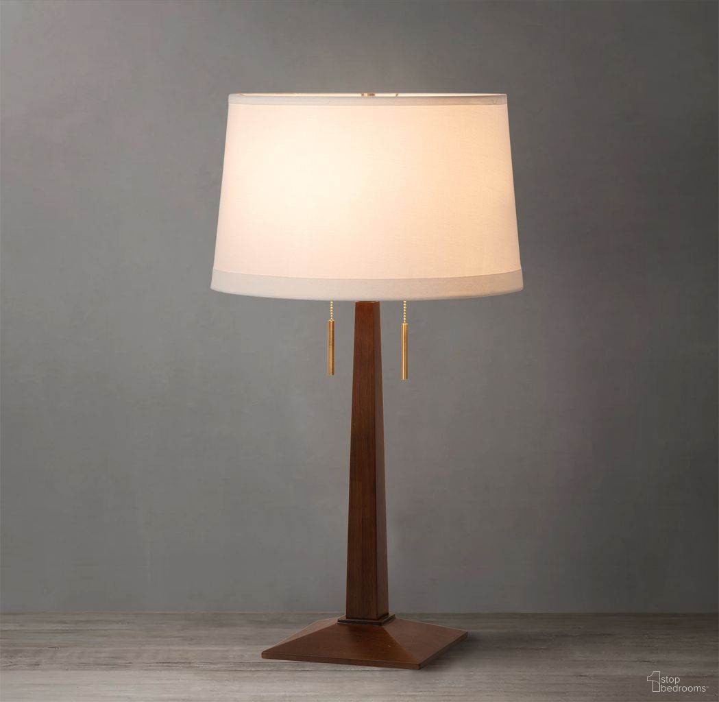 Taper White Linen Shade Table Lamp In Walnut and Weathered Brass