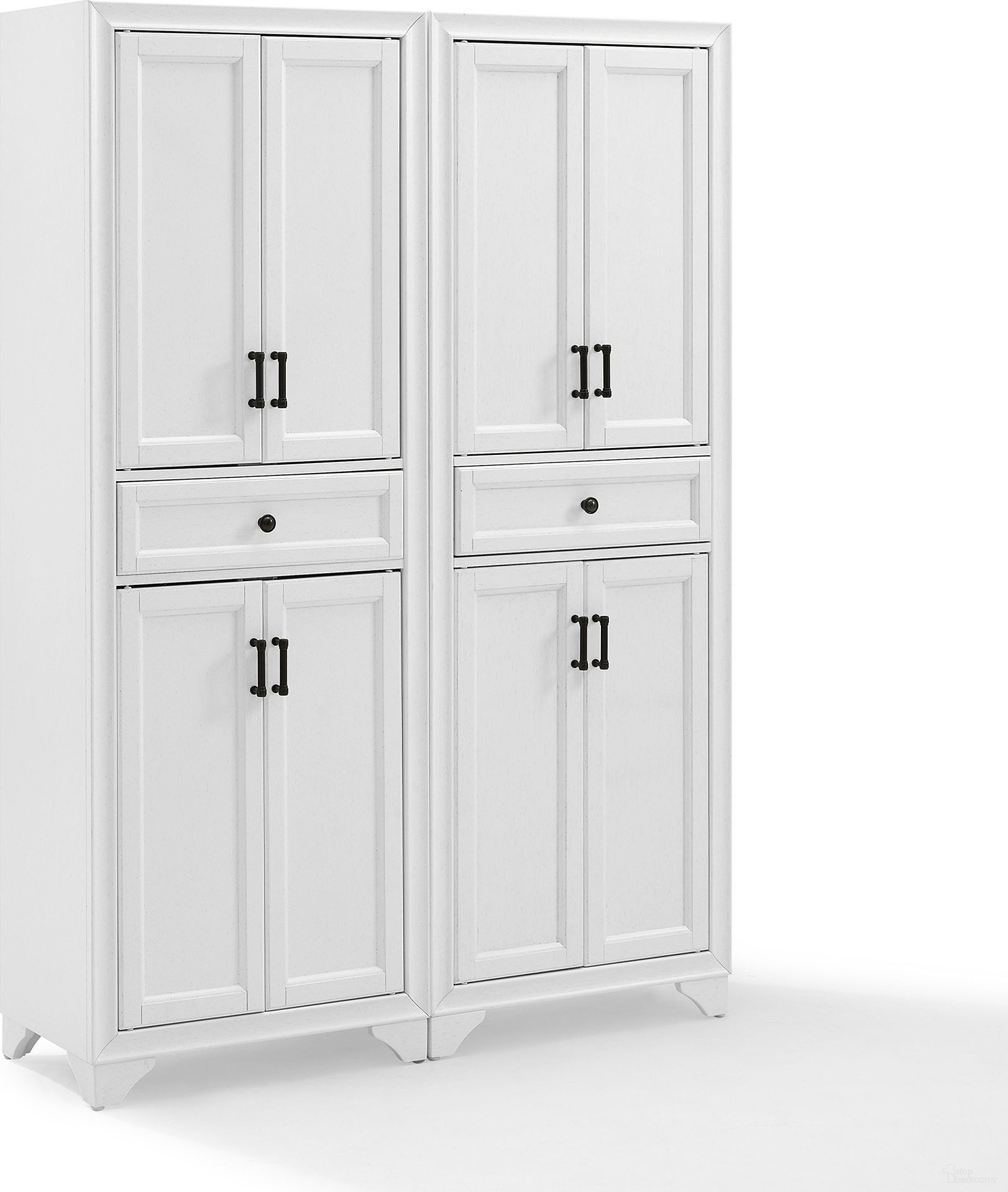 The appearance of Tara 2-Piece Kitchen Storage Pantry Set In Distressed White designed by Crosley Brands in the modern / contemporary interior design. This distressed white piece of furniture  was selected by 1StopBedrooms from Tara Collection to add a touch of cosiness and style into your home. Sku: CF3111-WH;CF3111-WH. Material: MDF.