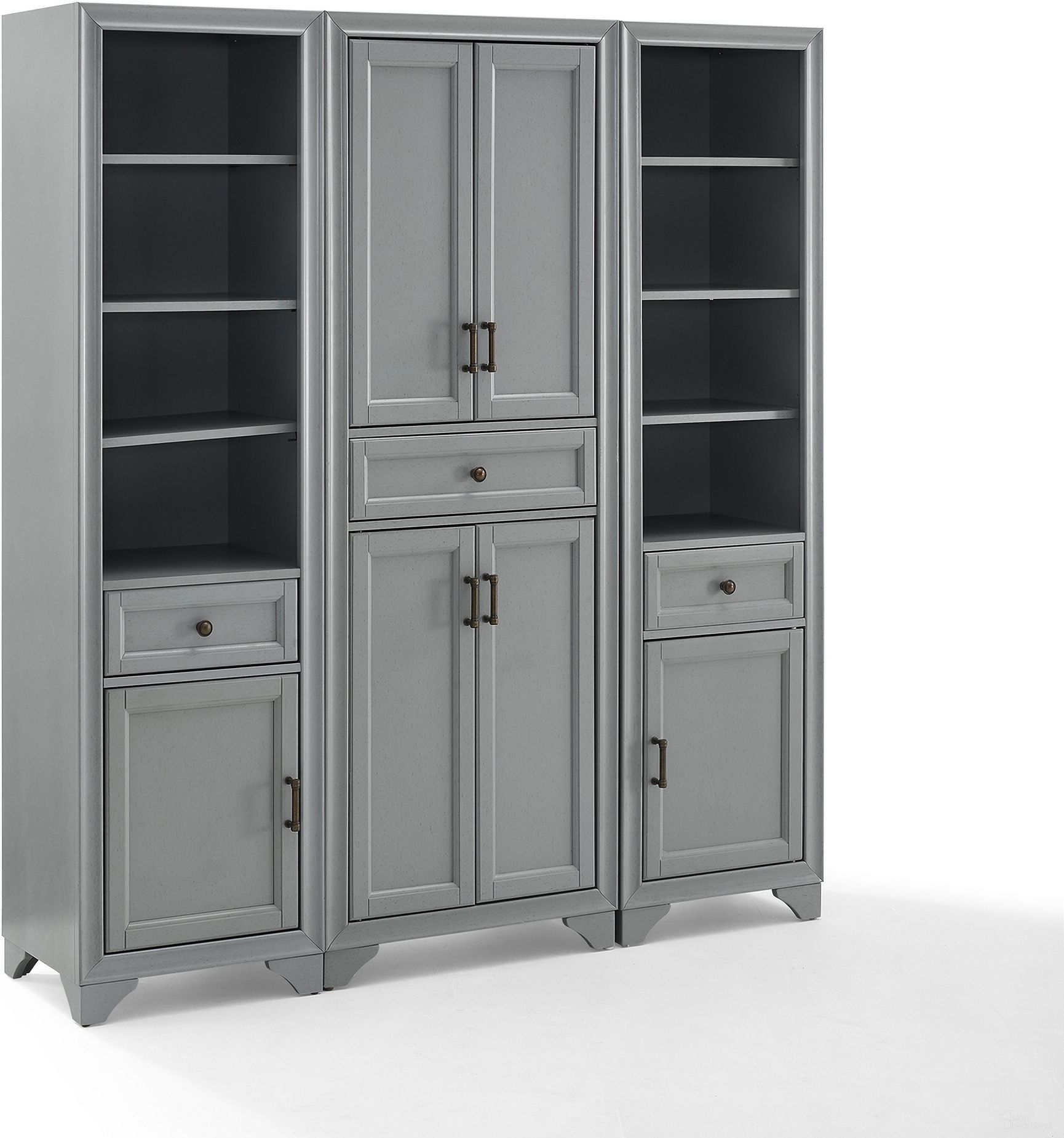 The appearance of Tara 3-Piece Kitchen Storage Pantry Set In Distressed Gray designed by Crosley Brands in the modern / contemporary interior design. This distressed gray piece of furniture was selected by 1StopBedrooms from Tara Collection to add a touch of cosiness and style into your home. Sku: CF3111-GY;CF7011-GY;CF7011-GY. Material: MDF.