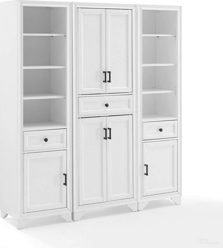 The appearance of Tara 3-Piece Kitchen Storage Pantry Set In Distressed White designed by Crosley Brands in the modern / contemporary interior design. This distressed white piece of furniture  was selected by 1StopBedrooms from Tara Collection to add a touch of cosiness and style into your home. Sku: CF3111-WH;CF7011-WH;CF7011-WH. Material: MDF.