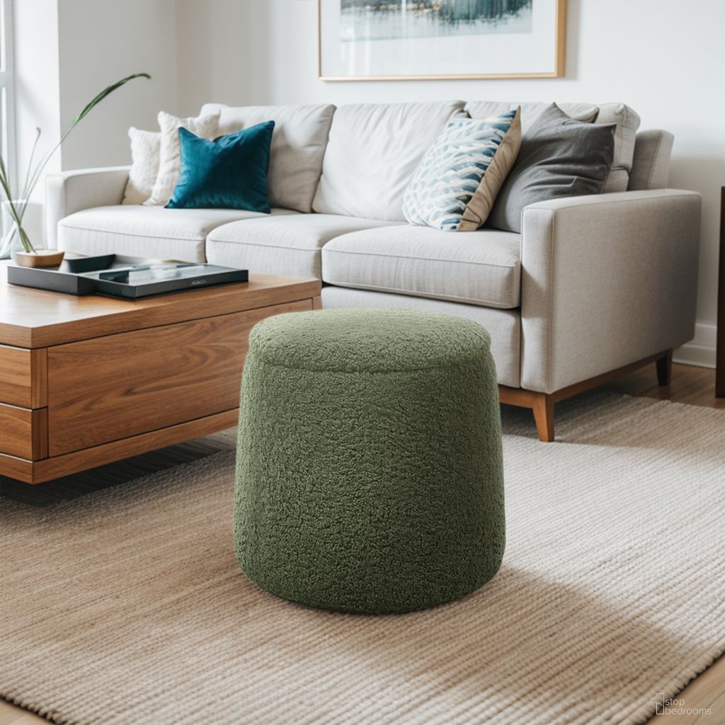 The appearance of Tara Round Storage Ottoman In Green designed by Olliix in the modern / contemporary interior design. This green piece of furniture  was selected by 1StopBedrooms from Tara Collection to add a touch of cosiness and style into your home. Sku: CH101-0018. Material: Polyester.