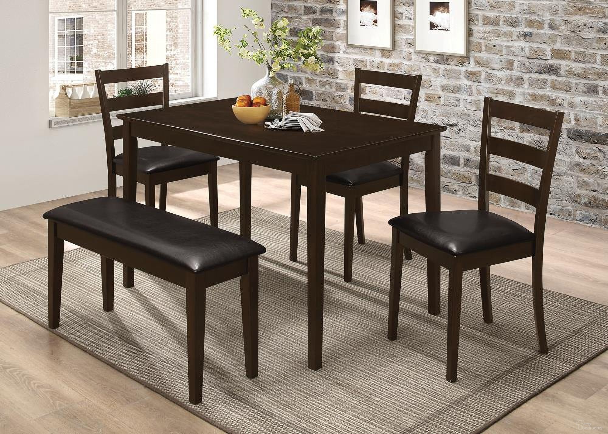 The appearance of Guillen 5-piece Dining Set with Bench Cappuccino and Dark Brown designed by Coaster in the transitional interior design. This cappuccino piece of furniture was selected by 1StopBedrooms from Guillen Collection to add a touch of cosiness and style into your home. Sku: 150232. Material: Wood. Table Top Shape: Rectangular.