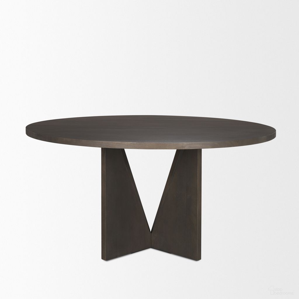 Tarro 60 Inch Round Textured Espresso Wood with Geometrical Base Dining Table In Brown