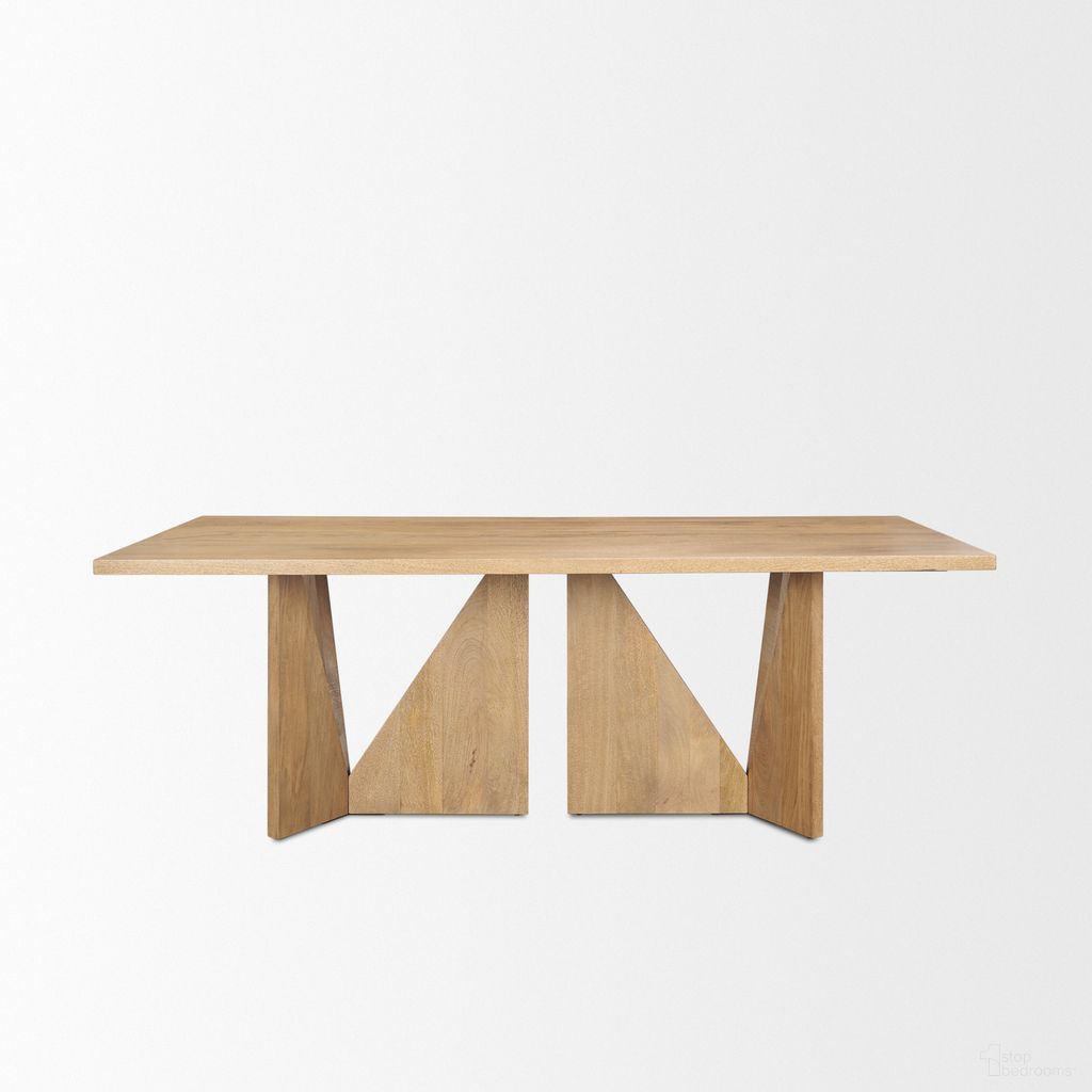 The appearance of Tarro 84 Inch Rectangular Wood with Geometrical Base Dining Table In Light Brown designed by Mercana in the transitional interior design. This light brown piece of furniture  was selected by 1StopBedrooms from Tarro Collection to add a touch of cosiness and style into your home. Sku: 70839. Table Base Style: Double Pedestal. Table Top Shape: Rectangular. Size: 84" x 42". Material: Solid Wood.
