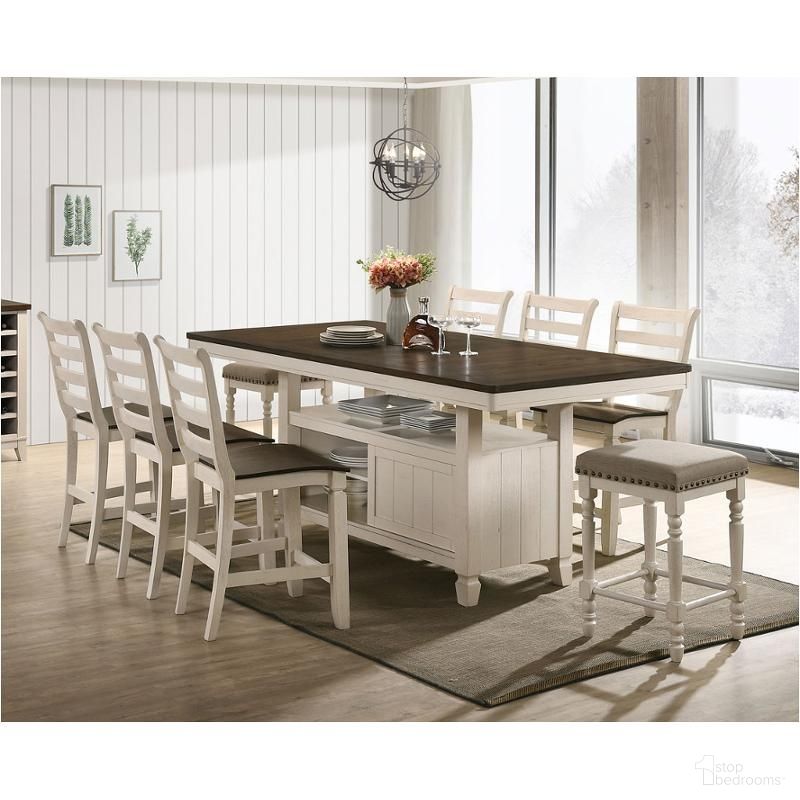 The appearance of Tasnim Counter Height Dining Set In Oak And Antique White Finish designed by ACME in the transitional interior design. This oak piece of furniture was selected by 1StopBedrooms from Tasnim Collection to add a touch of cosiness and style into your home. Sku: 77180T;77181ST;77183. Table Base Style: Trestle. Material: Wood. Table Top Shape: Rectangular. Size: 78".