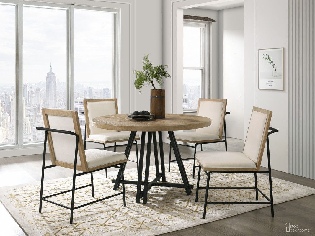 The appearance of Tate 47 Inch Round Dining Table Set with Cream Color Upholstered Chairs In Oak designed by Lilola Home in the modern / contemporary interior design. This oak piece of furniture  was selected by 1StopBedrooms from Tate Collection to add a touch of cosiness and style into your home. Sku: 30033-TOP;30033-BASE;30036-C;30036-C. Table Base Style: Trestle. Table Top Shape: Round. Material: Wood.