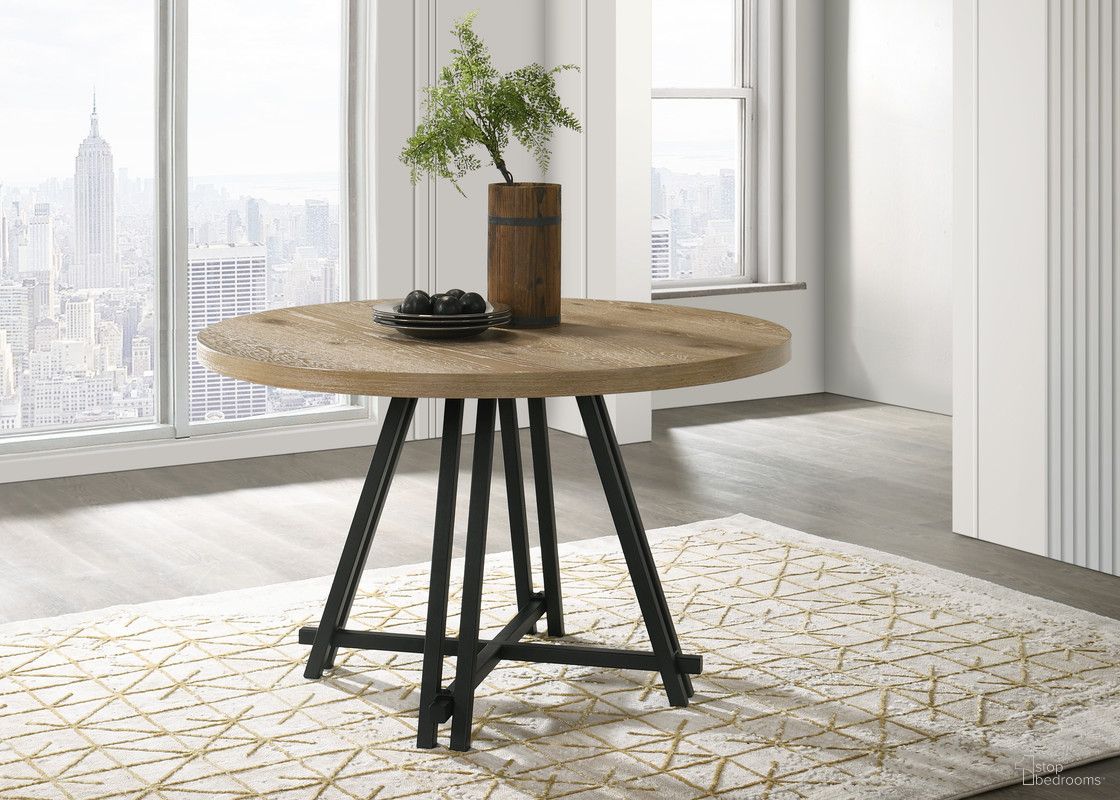 The appearance of Tate 47 Inch Round Dining Table with Metal Base In Oak designed by Lilola Home in the modern / contemporary interior design. This oak piece of furniture  was selected by 1StopBedrooms from Tate Collection to add a touch of cosiness and style into your home. Sku: 30033-TOP;30033-BASE. Table Base Style: Trestle. Table Top Shape: Round. Material: Wood. Size: 47".