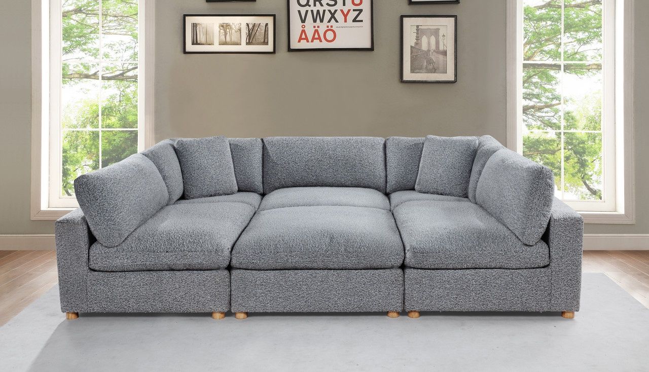 The appearance of Tatiana 6 Piece Boucle Fabric Modular Sectional in Rich Gray designed by Best Quality Furniture in the glam interior design. This rich gray piece of furniture was selected by 1StopBedrooms from Tatiana Collection to add a touch of cosiness and style into your home. Sku: SE05-CC;SE05-AC;SE05-OT. Material: Boucle.
