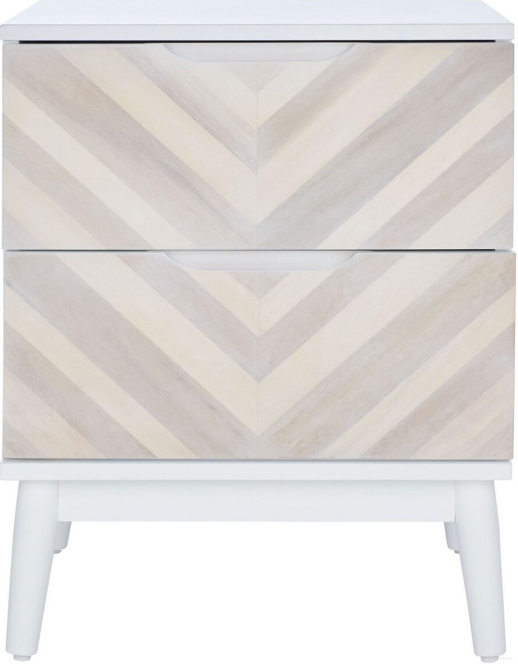 The appearance of Tay 2 Drawer Patterned Night Stand in White Wash designed by Safavieh in the transitional interior design. This white wash piece of furniture  was selected by 1StopBedrooms from Tay Collection to add a touch of cosiness and style into your home. Sku: NST5011A. Material: Wood.