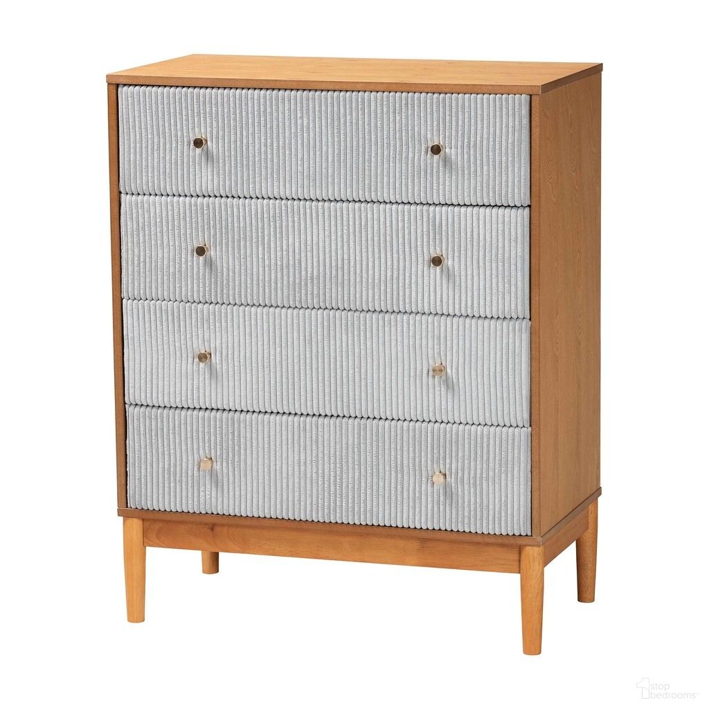 The appearance of Taylin Upholstered and Wood Chest with Four Drawers In Grey and Oak Brown designed by Baxton Studio in the transitional interior design. This grey and oak brown piece of furniture was selected by 1StopBedrooms from Taylin Collection to add a touch of cosiness and style into your home. Sku: MG9012-Grey-HC1315-16/NT-Oak-4DW-Chest. Material: Solid Rubberwood.