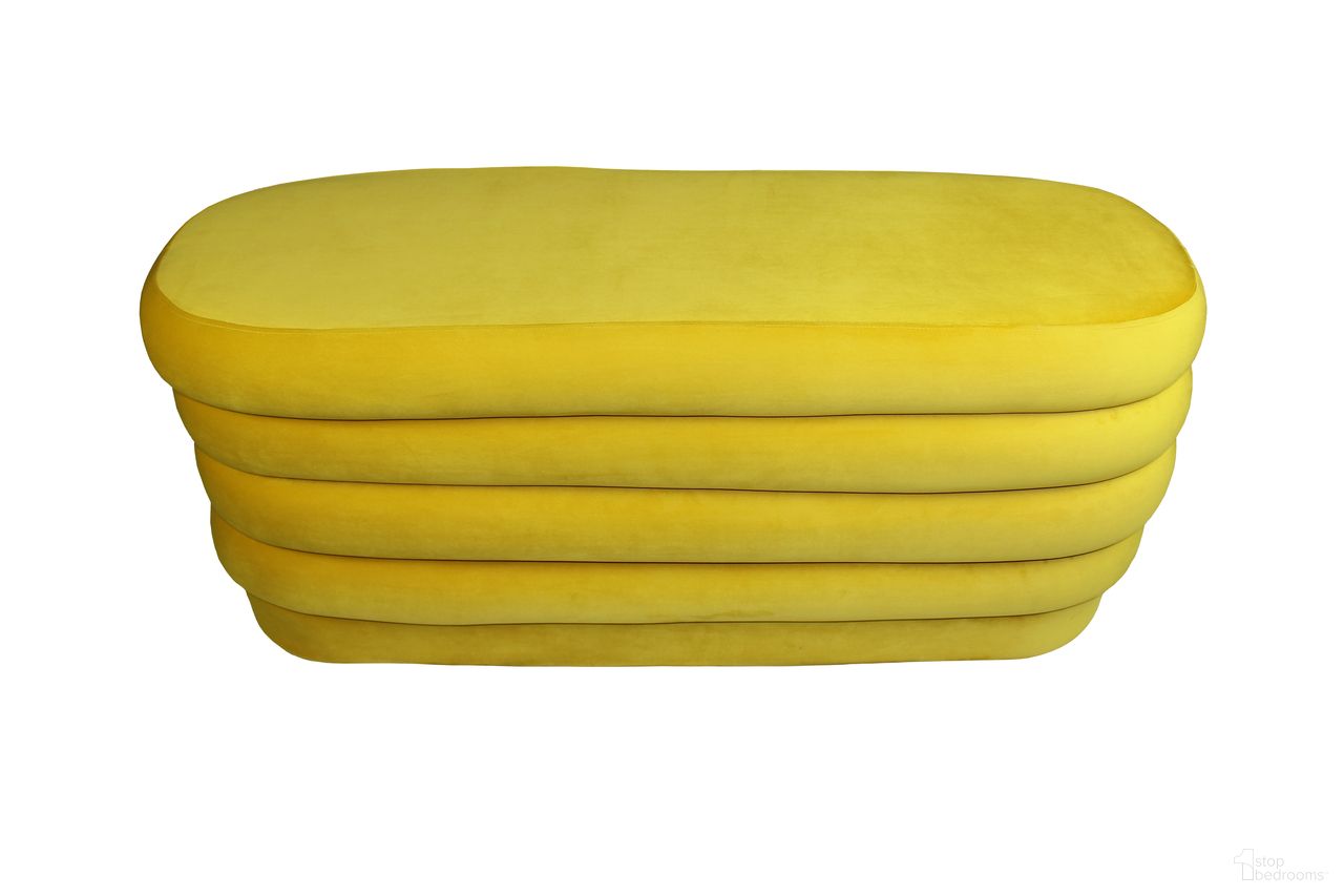 The appearance of Thor Daffodil Oval Ottoman In Yellow designed by Moti in the transitional interior design. This yellow piece of furniture was selected by 1StopBedrooms from Thor Collection to add a touch of cosiness and style into your home. Sku: 88010015. Material: Velvet.