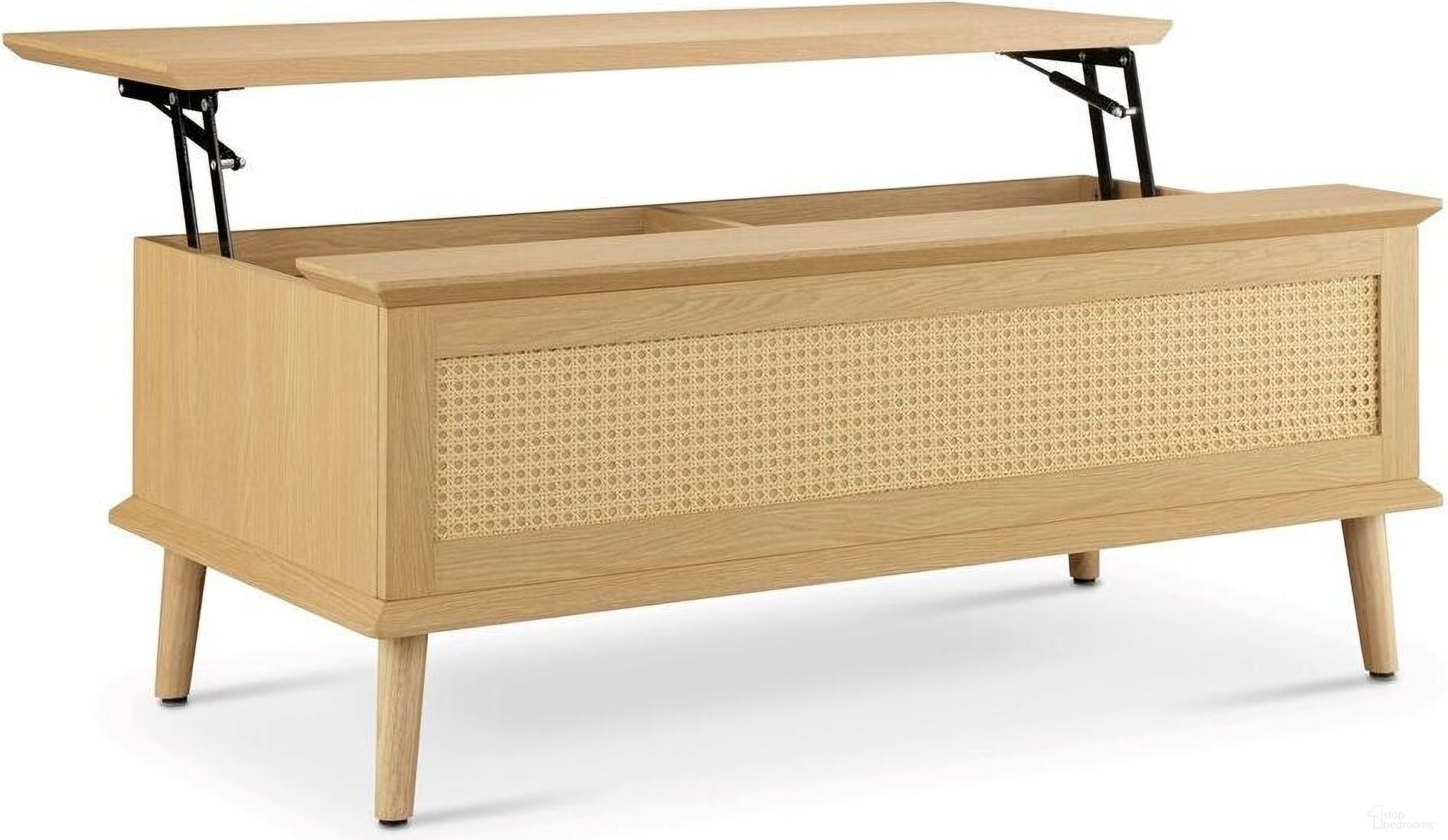 The appearance of Teagan Rattan Lift-Top Coffee Table with Storage In Natural designed by Olliix in the transitional interior design. This natural piece of furniture  was selected by 1StopBedrooms from Teagan Collection to add a touch of cosiness and style into your home. Sku: FUR120-0055. Material: Wood.