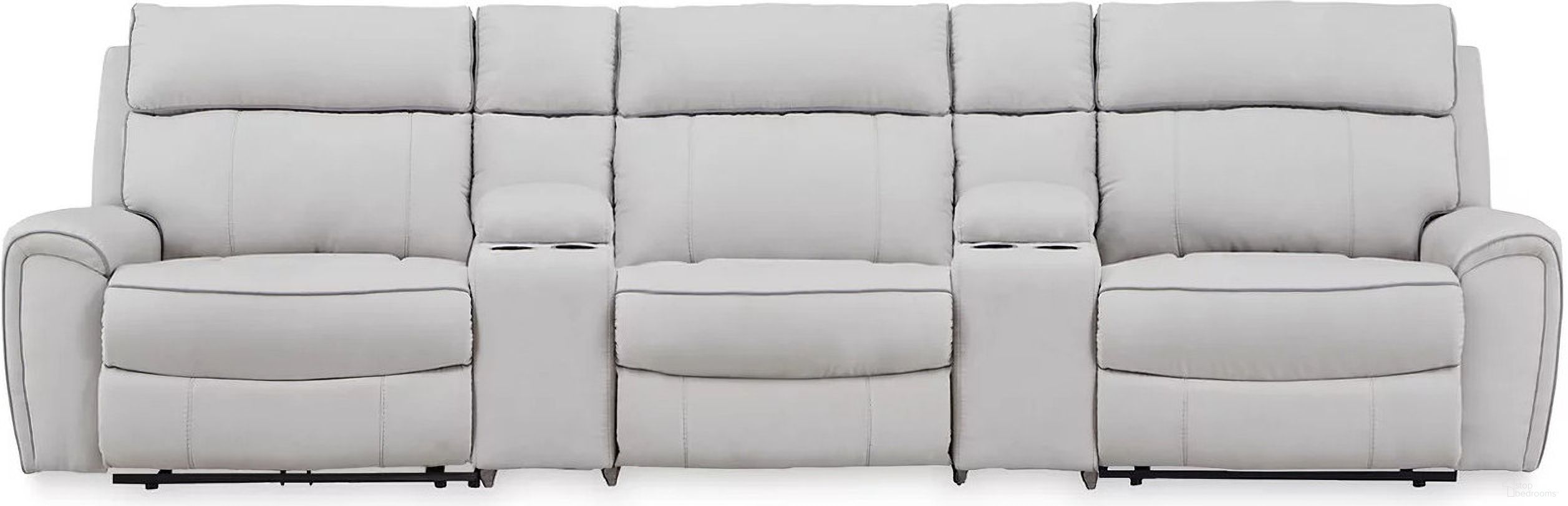 The appearance of Tealwell 5-Piece Power Reclining Sectional In Pearl and Ash designed by Signature Design by Ashley in the modern / contemporary interior design. This pearl/ash piece of furniture was selected by 1StopBedrooms from Tealwell Collection to add a touch of cosiness and style into your home. Sku: NC9880258;NC9880246;NC9880257;NC9880257;NC9880262. Material: Polyester. Layout: Modular.