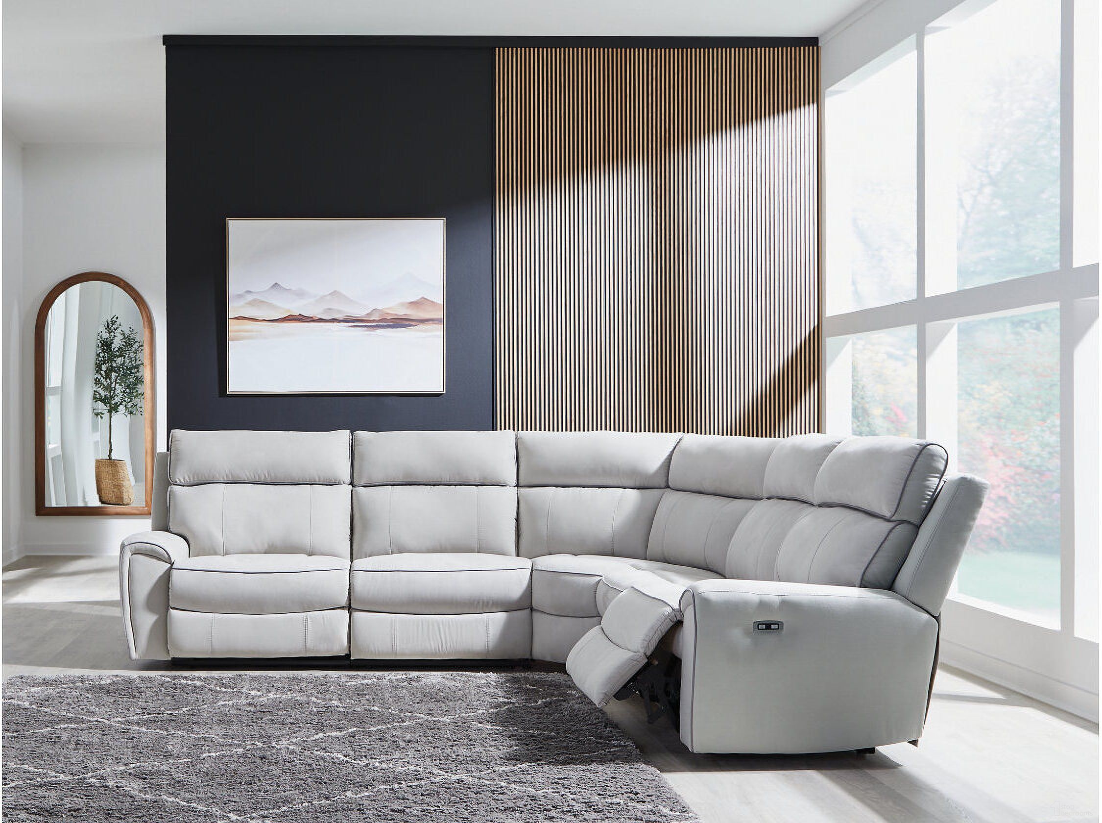 The appearance of Tealwell 5-Piece Power Reclining Sectional In Pearl and Ash designed by Signature Design by Ashley in the modern / contemporary interior design. This pearl/ash piece of furniture was selected by 1StopBedrooms from Tealwell Collection to add a touch of cosiness and style into your home. Sku: NC9880258;NC9880231;NC9880246;NC9880277;NC9880262. Material: Polyester. Layout: L-Shape.