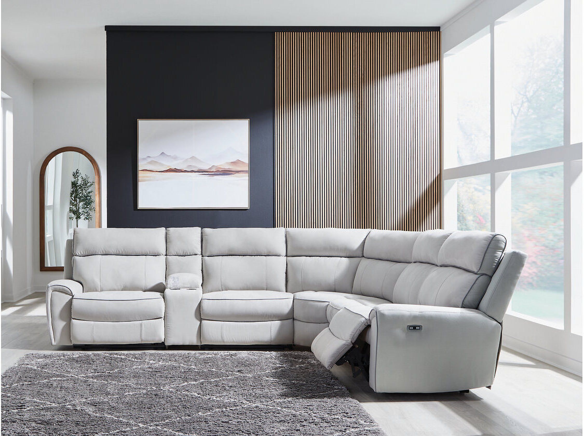 The appearance of Tealwell 6-Piece Reclining Sectional with Storage Console In Pearl and Ash designed by Signature Design by Ashley in the modern / contemporary interior design. This pearl/ash piece of furniture was selected by 1StopBedrooms from Tealwell Collection to add a touch of cosiness and style into your home. Sku: NC9880258;NC9880231;NC9880246;NC9880257;NC9880277;NC9880262. Material: Polyester. Layout: L-Shape.