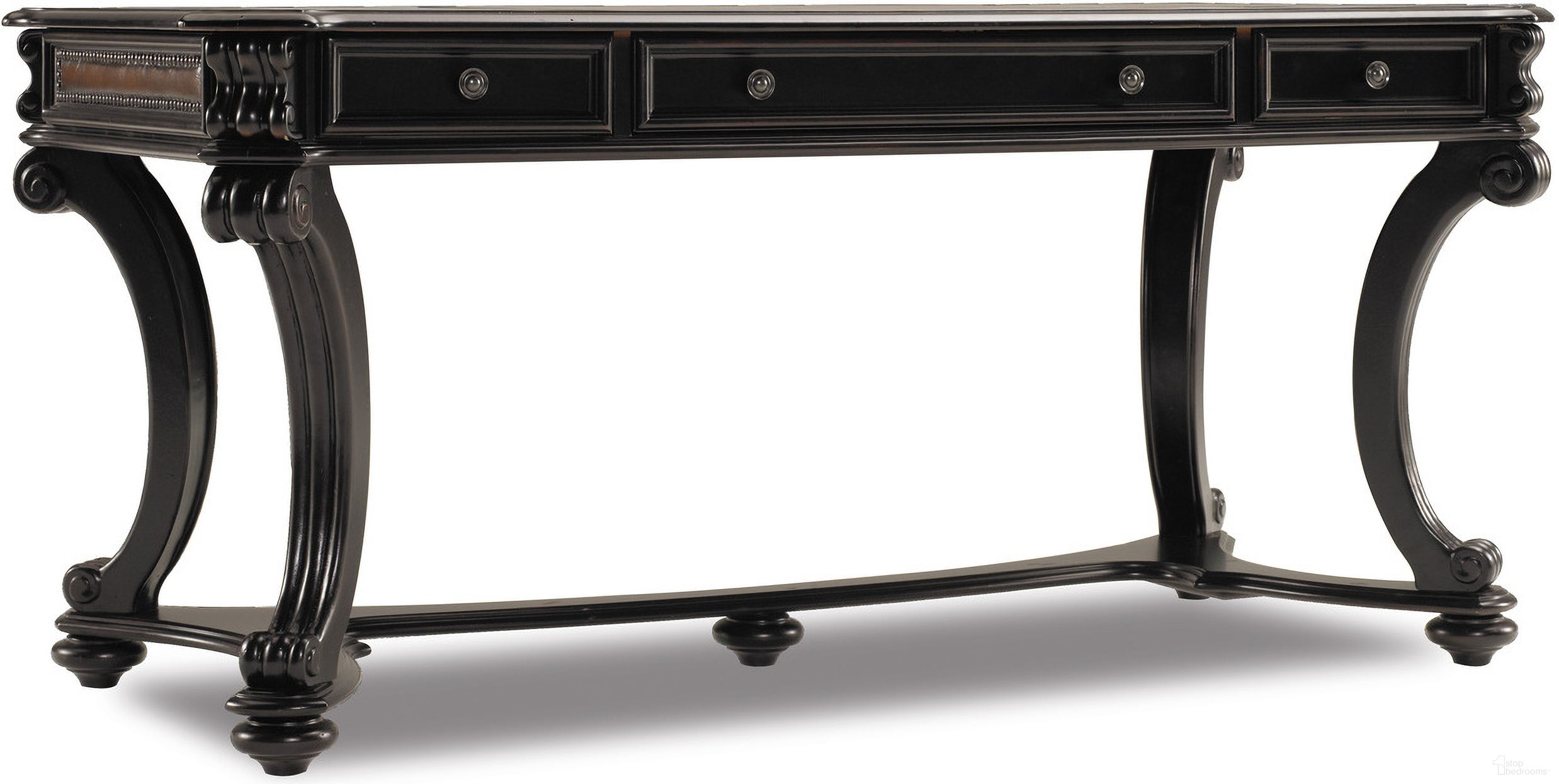 The appearance of Telluride Black 66'' Writing Desk designed by Hooker in the traditional interior design. This black piece of furniture was selected by 1StopBedrooms from Telluride Collection to add a touch of cosiness and style into your home. Sku: 370-10-459. Material: Cherry Veneer.