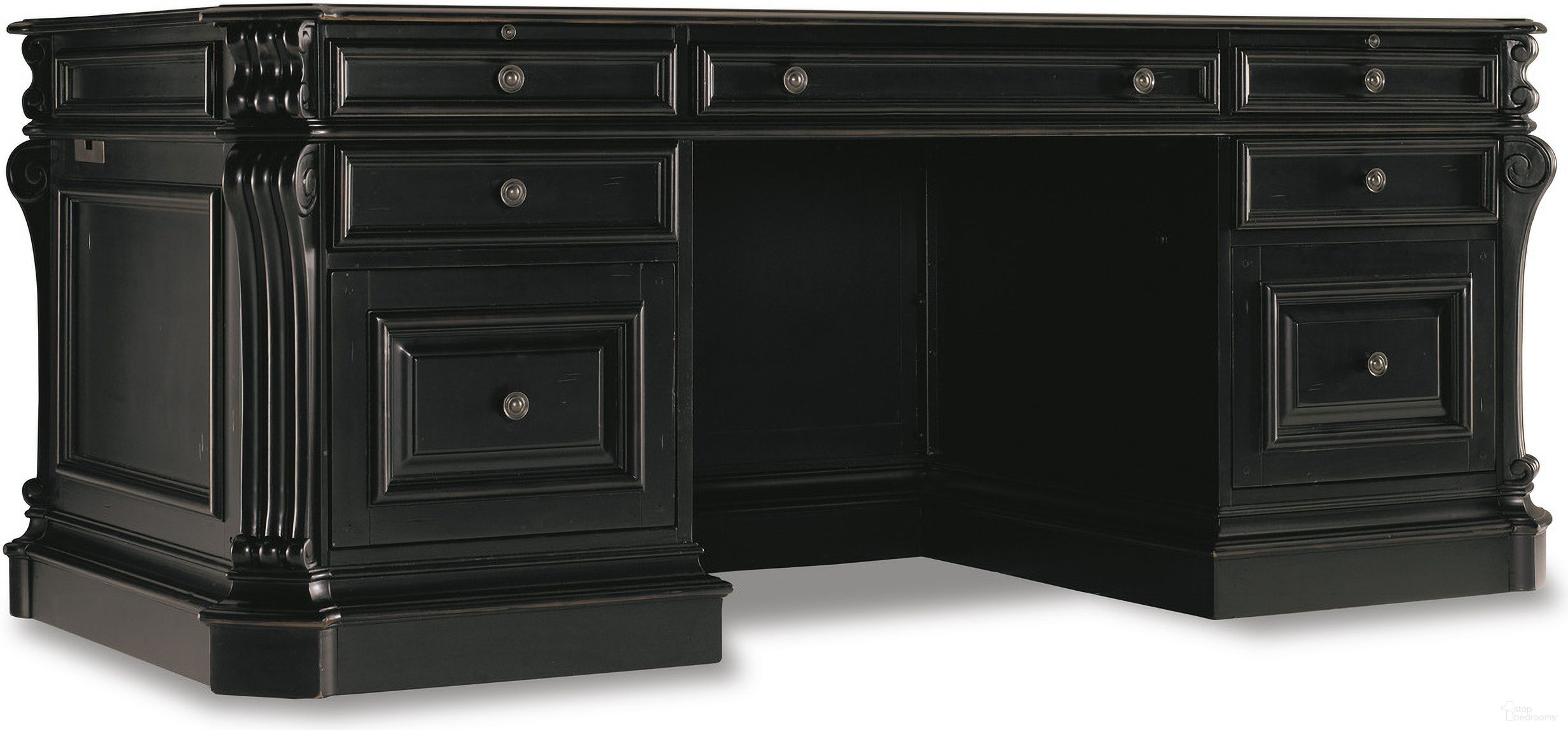 The appearance of Telluride Black 76'' Executive Desk designed by Hooker in the traditional interior design. This black piece of furniture was selected by 1StopBedrooms from Telluride Collection to add a touch of cosiness and style into your home. Sku: 370-10-363. Material: Cherry Veneer.