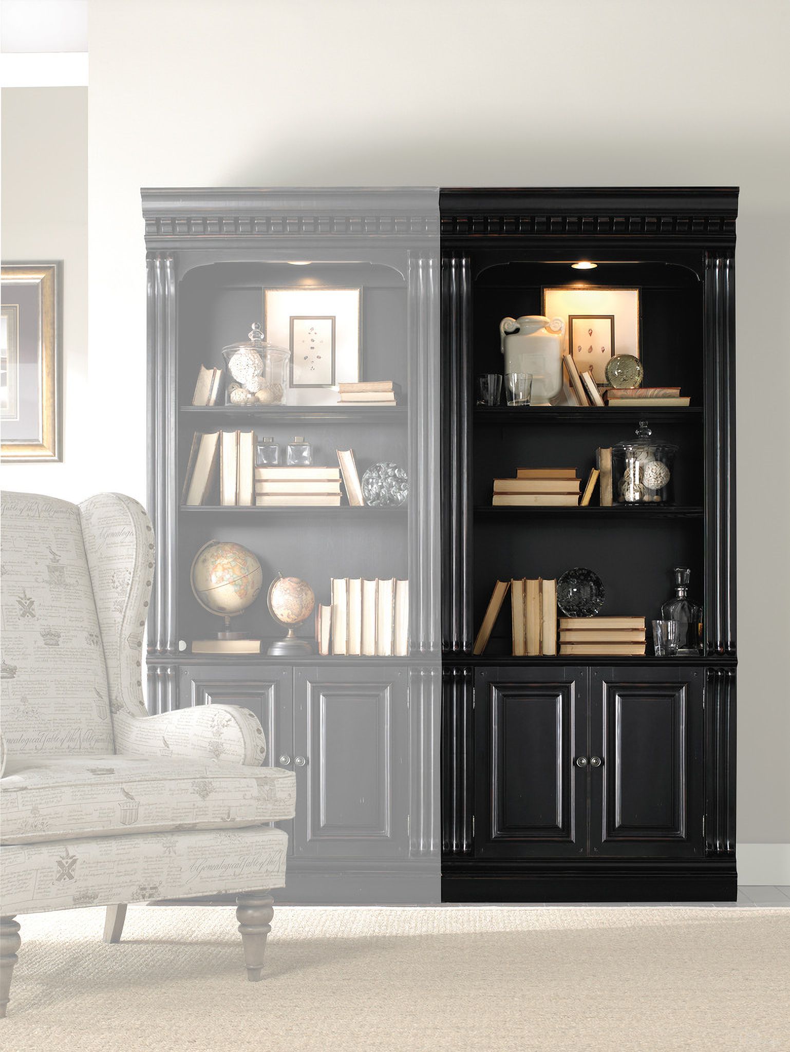 The appearance of Telluride Black Bunching Bookcase designed by Hooker in the traditional interior design. This black piece of furniture was selected by 1StopBedrooms from Telluride Collection to add a touch of cosiness and style into your home. Sku: 370-10-446. Material: Cherry Veneer.