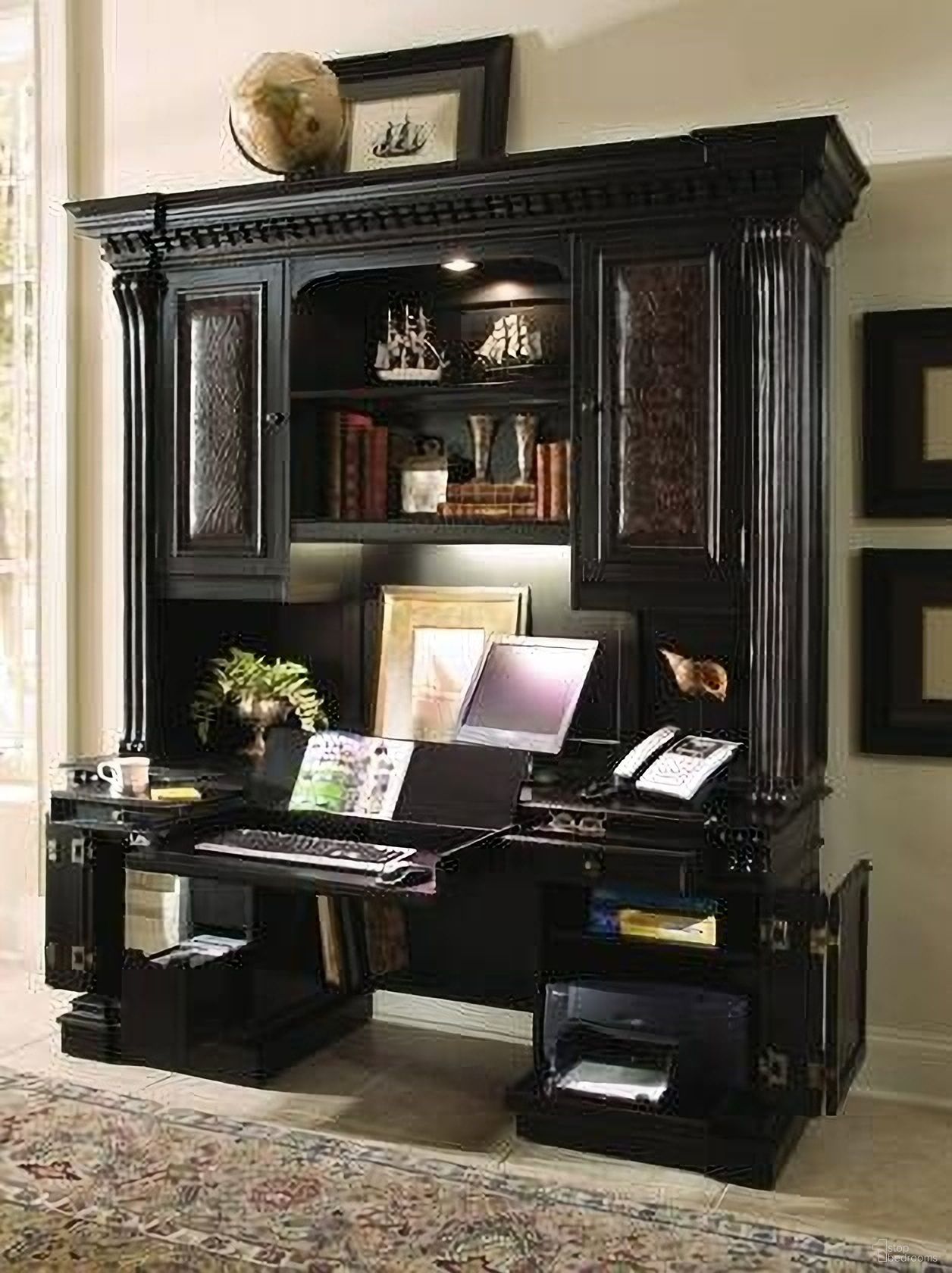 The appearance of Telluride Black Computer Credenza With Hutch designed by Hooker in the traditional interior design. This black piece of furniture  was selected by 1StopBedrooms from Telluride Collection to add a touch of cosiness and style into your home. Sku: 370-10-464;370-10-467.