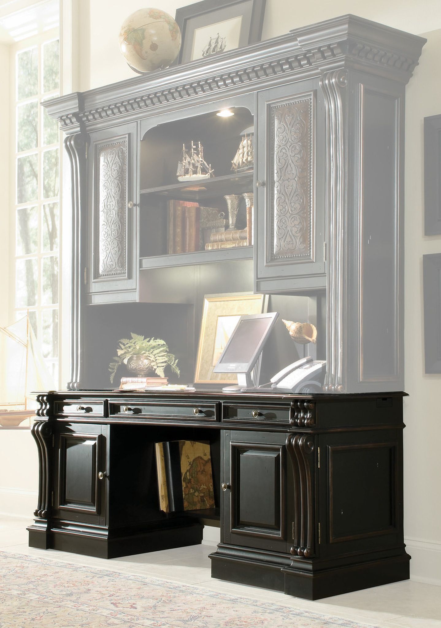 The appearance of Telluride Black Computer Credenza designed by Hooker in the traditional interior design. This black piece of furniture  was selected by 1StopBedrooms from Telluride Collection to add a touch of cosiness and style into your home. Sku: 370-10-464. Material: Cherry Veneer.