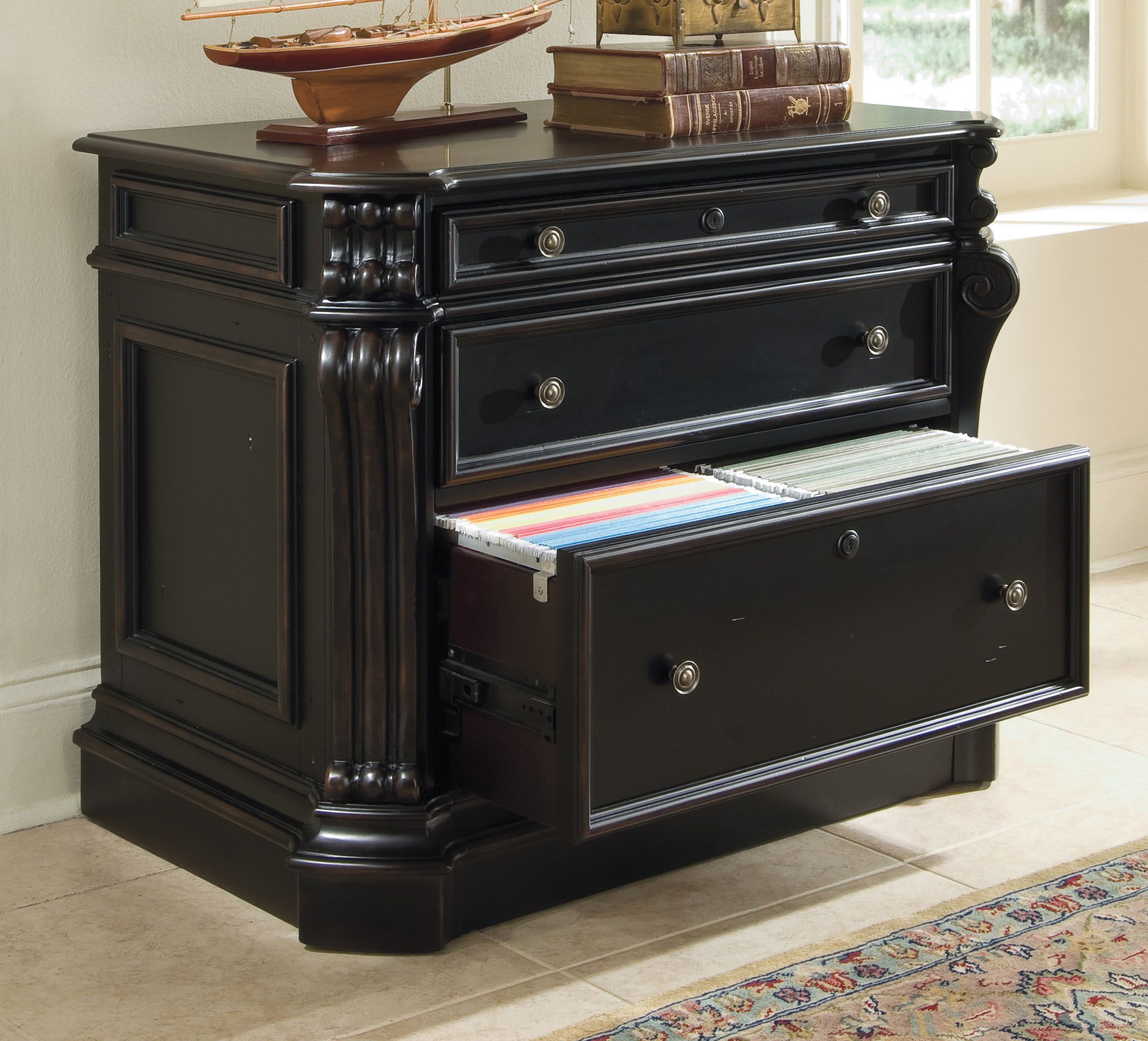 The appearance of Telluride Black Lateral File designed by Hooker in the traditional interior design. This black piece of furniture was selected by 1StopBedrooms from Telluride Collection to add a touch of cosiness and style into your home. Sku: 370-10-466. Material: Cherry Veneer.