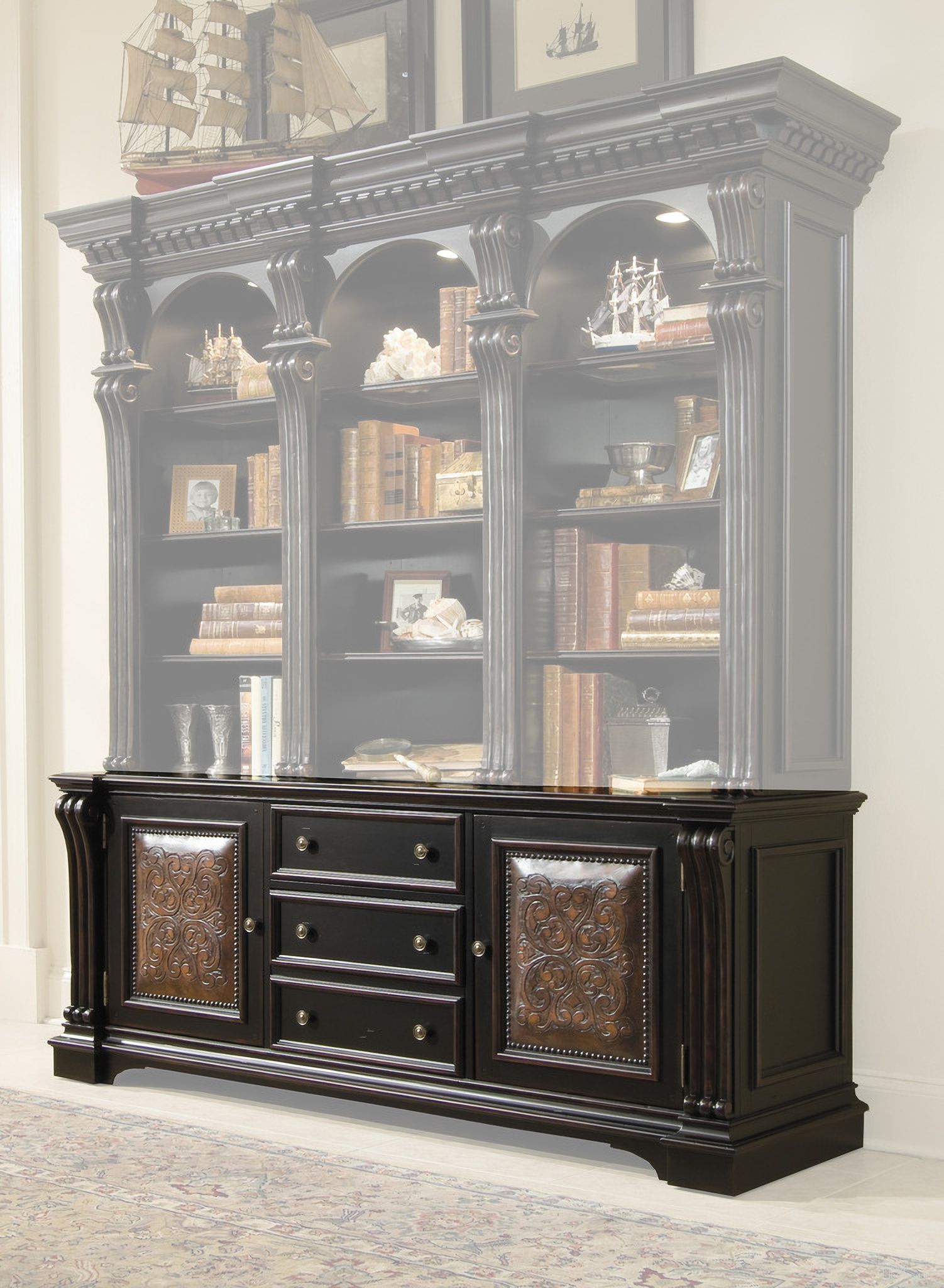 The appearance of Telluride Bookcase Base designed by Hooker in the traditional interior design. This black piece of furniture  was selected by 1StopBedrooms from Telluride Collection to add a touch of cosiness and style into your home. Sku: 370-10-265. Material: Cherry Veneer.