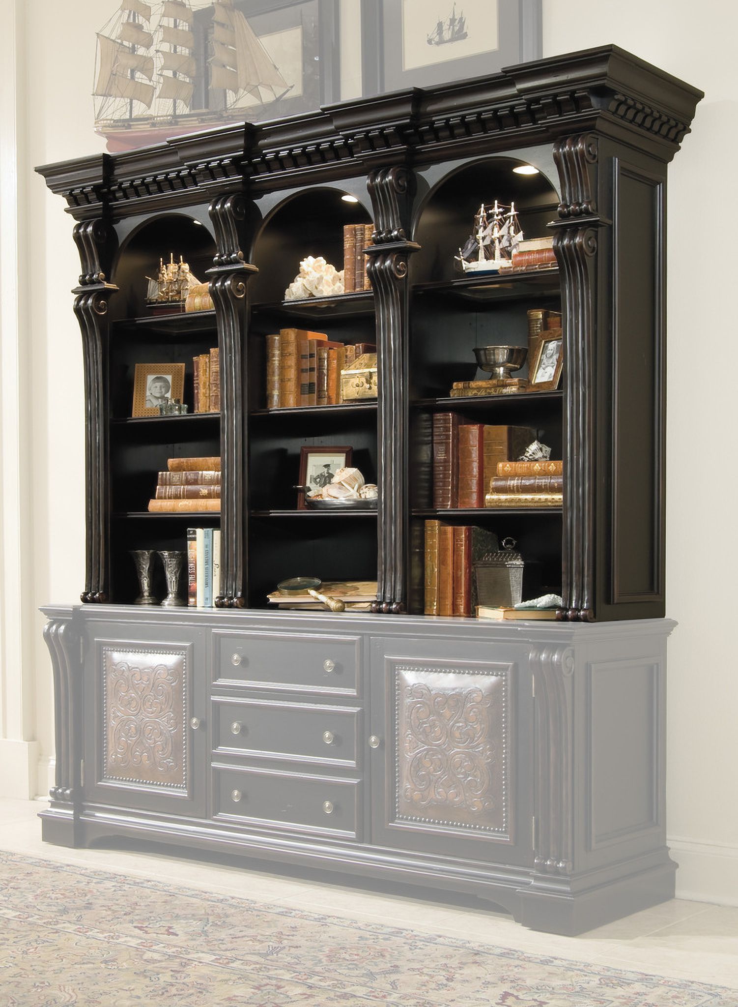 The appearance of Telluride Bookcase Hutch designed by Hooker in the traditional interior design. This piece of furniture was selected by 1StopBedrooms from Telluride Collection to add a touch of cosiness and style into your home. Sku: 370-10-267. Material: Wood Veneer.