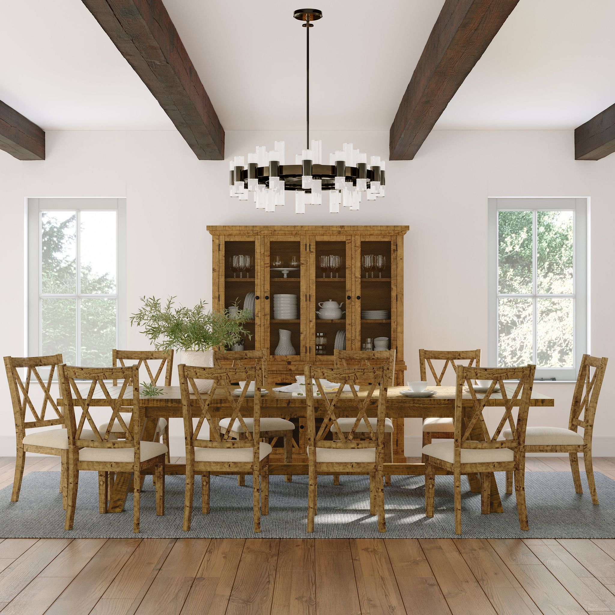 The appearance of Telluride Eleven Piece Rustic Distressed Pine 127 Inch Extendable Dining Set In Gold designed by Jofran in the country / farmhouse interior design. This gold piece of furniture  was selected by 1StopBedrooms from Telluride Collection to add a touch of cosiness and style into your home. Sku: 1801-42;1801-401KD;1801-401KD;1801-401KD;1801-401KD;1801-401KD. Material: Plywood.