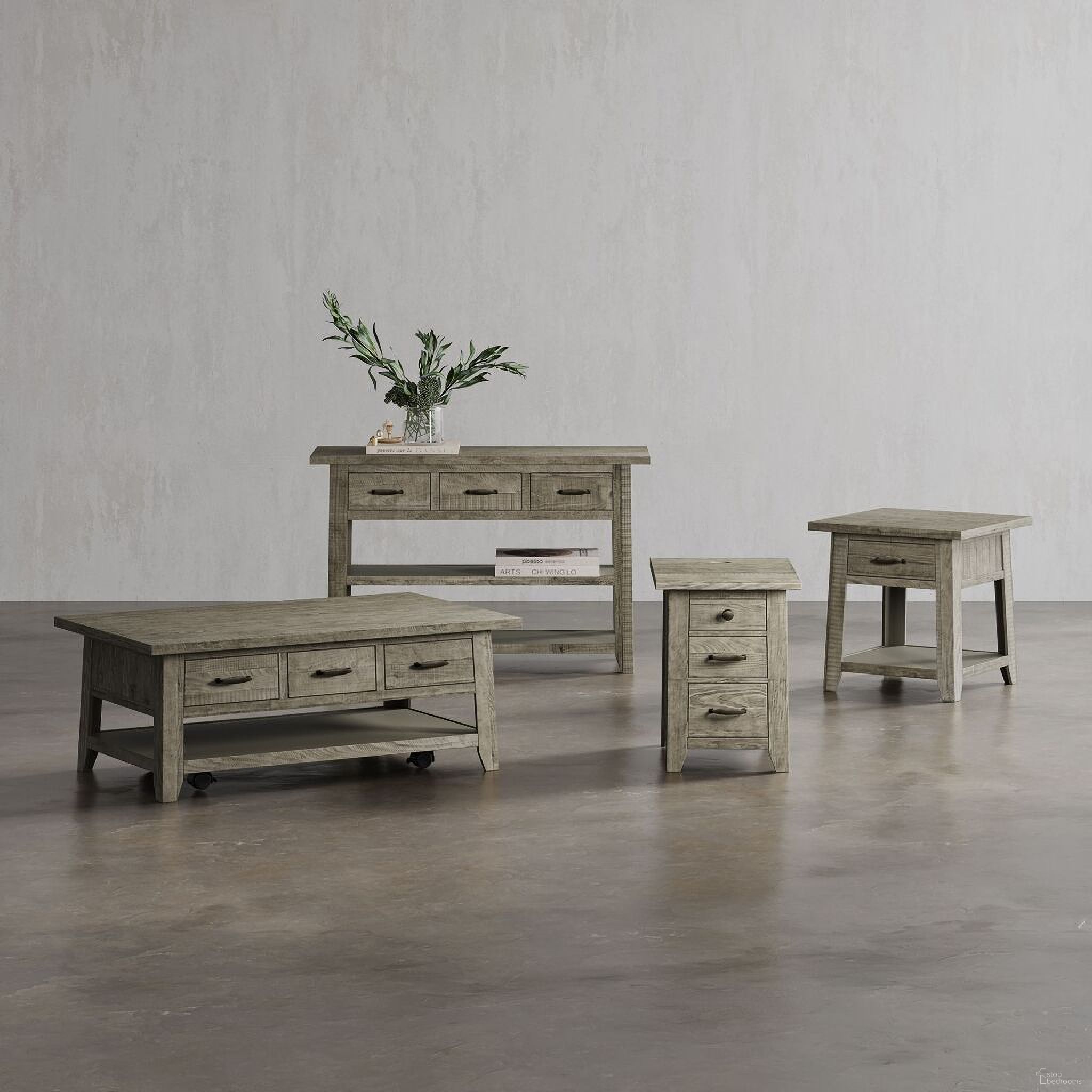 The appearance of Telluride Occasional Table Set In Grey designed by Jofran in the modern / contemporary interior design. This grey piece of furniture was selected by 1StopBedrooms from Telluride Collection to add a touch of cosiness and style into your home. Sku: 2230-11;2230-13. Material: Pine.