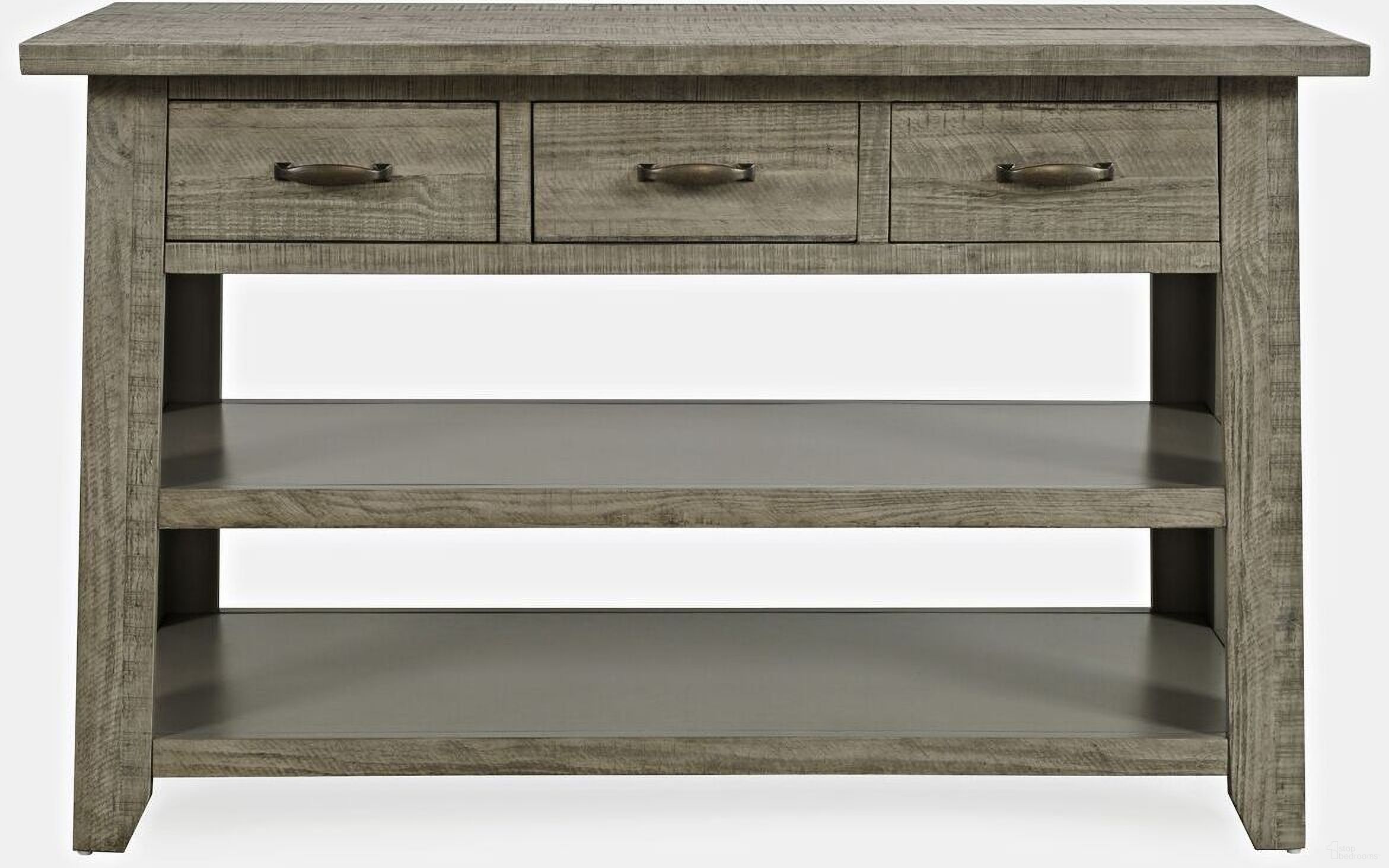 The appearance of Telluride 50 Inch Sofa Table with Drawers and 2 Shelves In Driftwood designed by Jofran in the country / farmhouse interior design. This driftwood piece of furniture was selected by 1StopBedrooms from Telluride Collection to add a touch of cosiness and style into your home. Sku: 2230-14. Material: Pine.