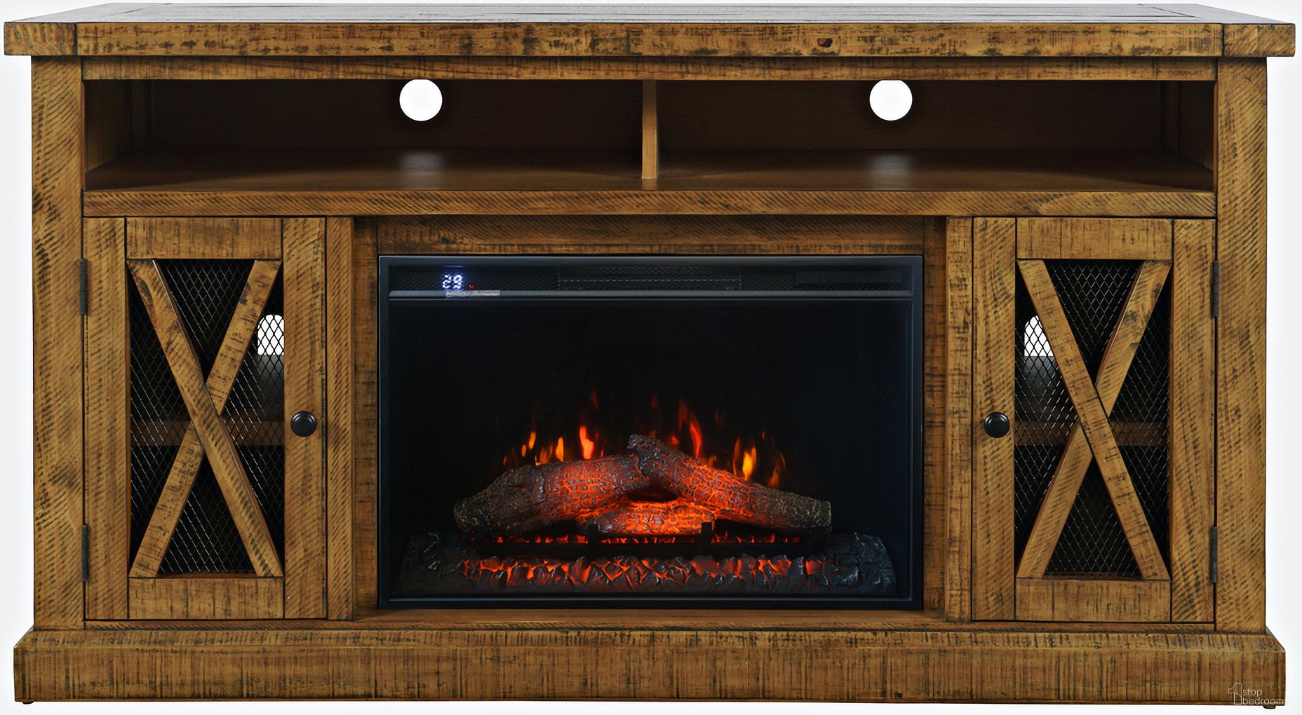 The appearance of Telluride 60 Inch Storage Console TV Stand with Electric Fireplace In Gold designed by Jofran in the country / farmhouse interior design. This gold piece of furniture  was selected by 1StopBedrooms from Telluride Collection to add a touch of cosiness and style into your home. Sku: 1800-FP6032. Material: Glass.