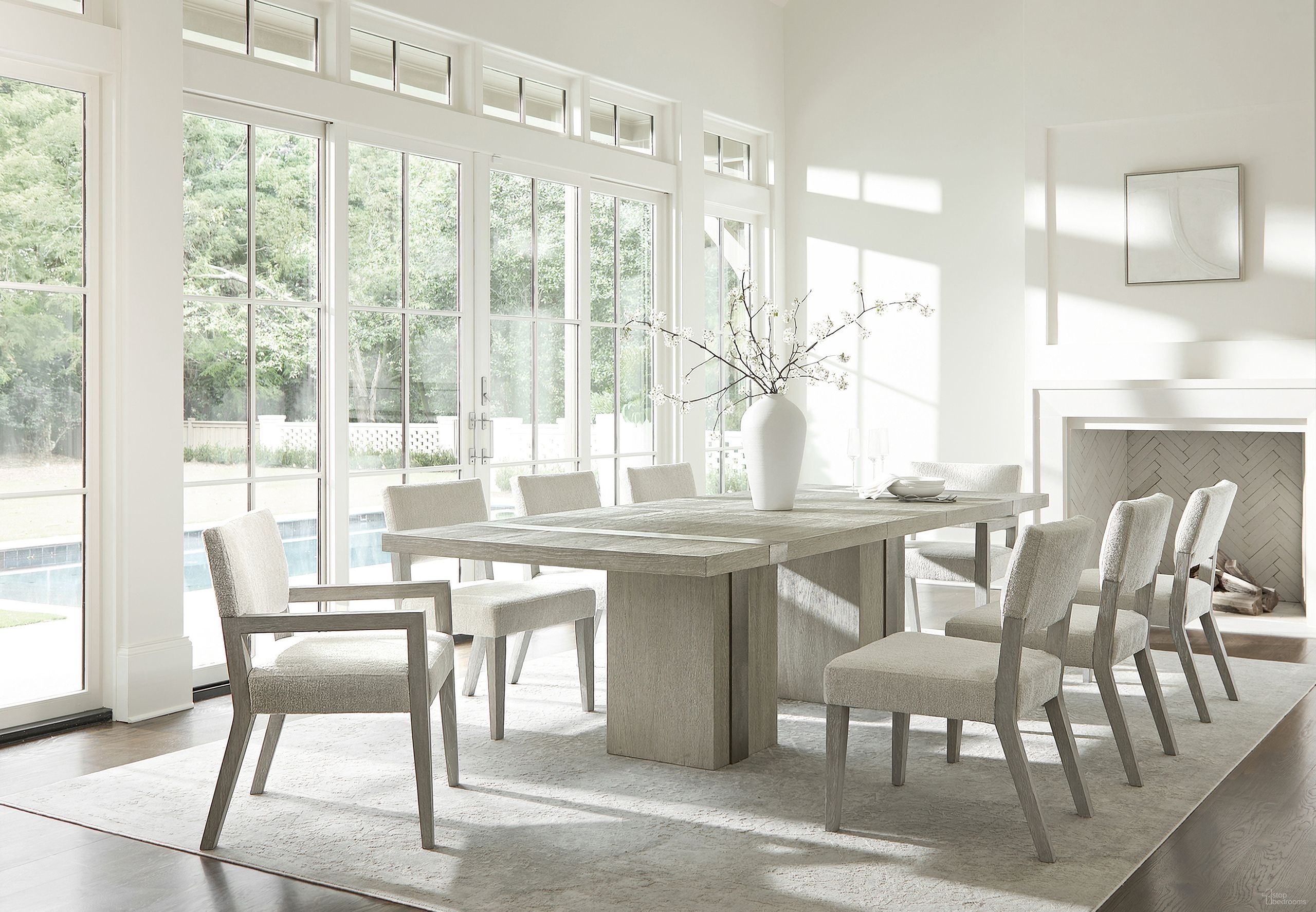 The appearance of Tempo Rectangular Dining Room Set In Beige designed by Bernhardt in the modern / contemporary interior design. This beige piece of furniture was selected by 1StopBedrooms from Tempo Collection to add a touch of cosiness and style into your home. Sku: 346242;346244;346545. Material: Metal. Table Top Shape: Rectangular. Size: 46" x 90".