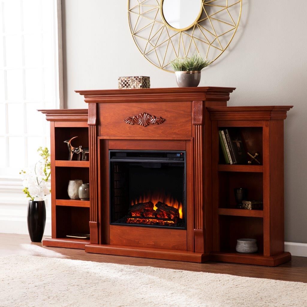 The appearance of Tennyson Electric Fireplace With Bookcases In Classic Mahogany designed by SEI Furniture in the traditional interior design. This mahogany piece of furniture  was selected by 1StopBedrooms from Tennyson Collection to add a touch of cosiness and style into your home. Sku: FE8547. Material: Wood.