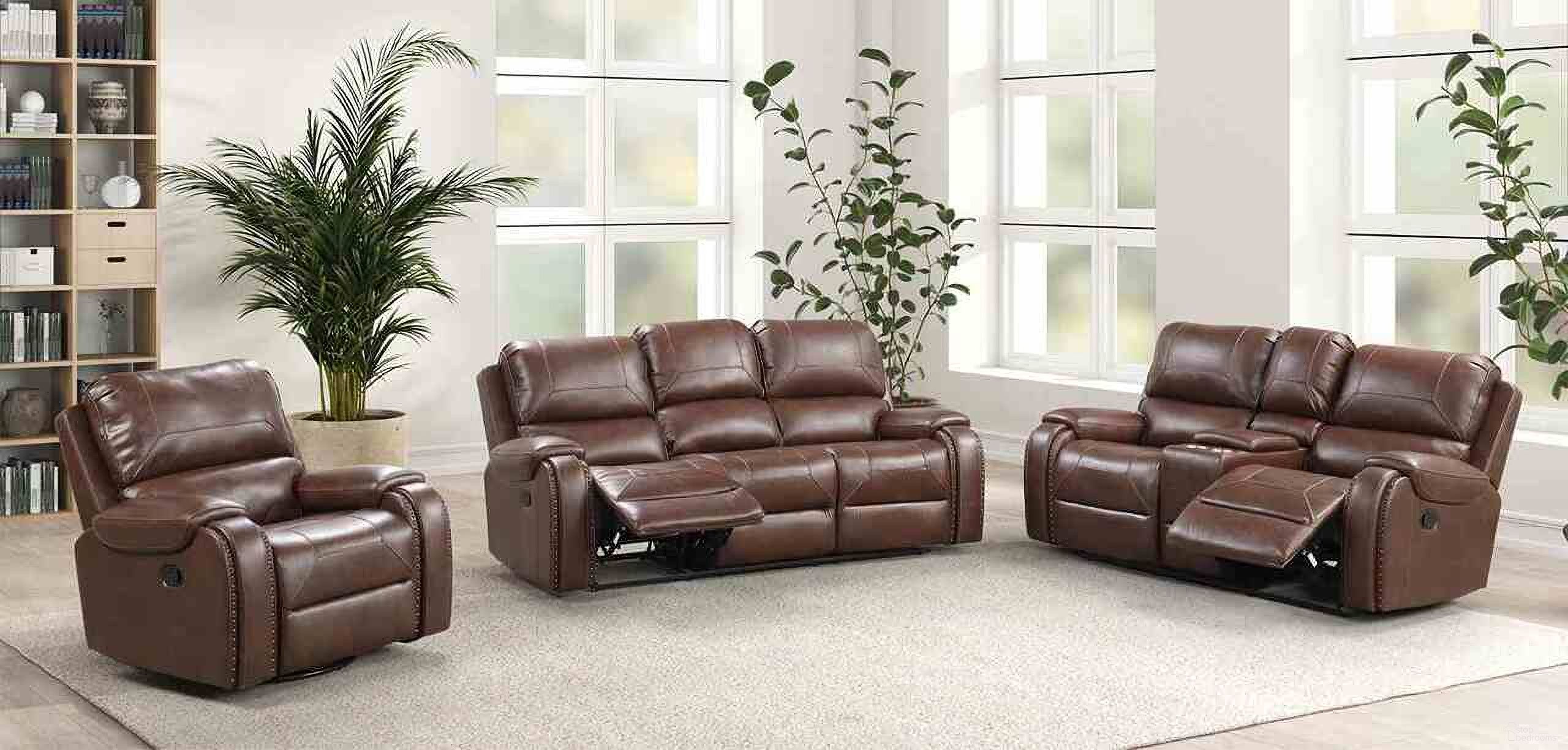 The appearance of Tepic Living Room Set In Brown designed by Furniture of America in the transitional interior design. This brown piece of furniture was selected by 1StopBedrooms from Tepic Collection to add a touch of cosiness and style into your home. Sku: TM6012BR-SF;TM6012BR-LV. Material: Leather.